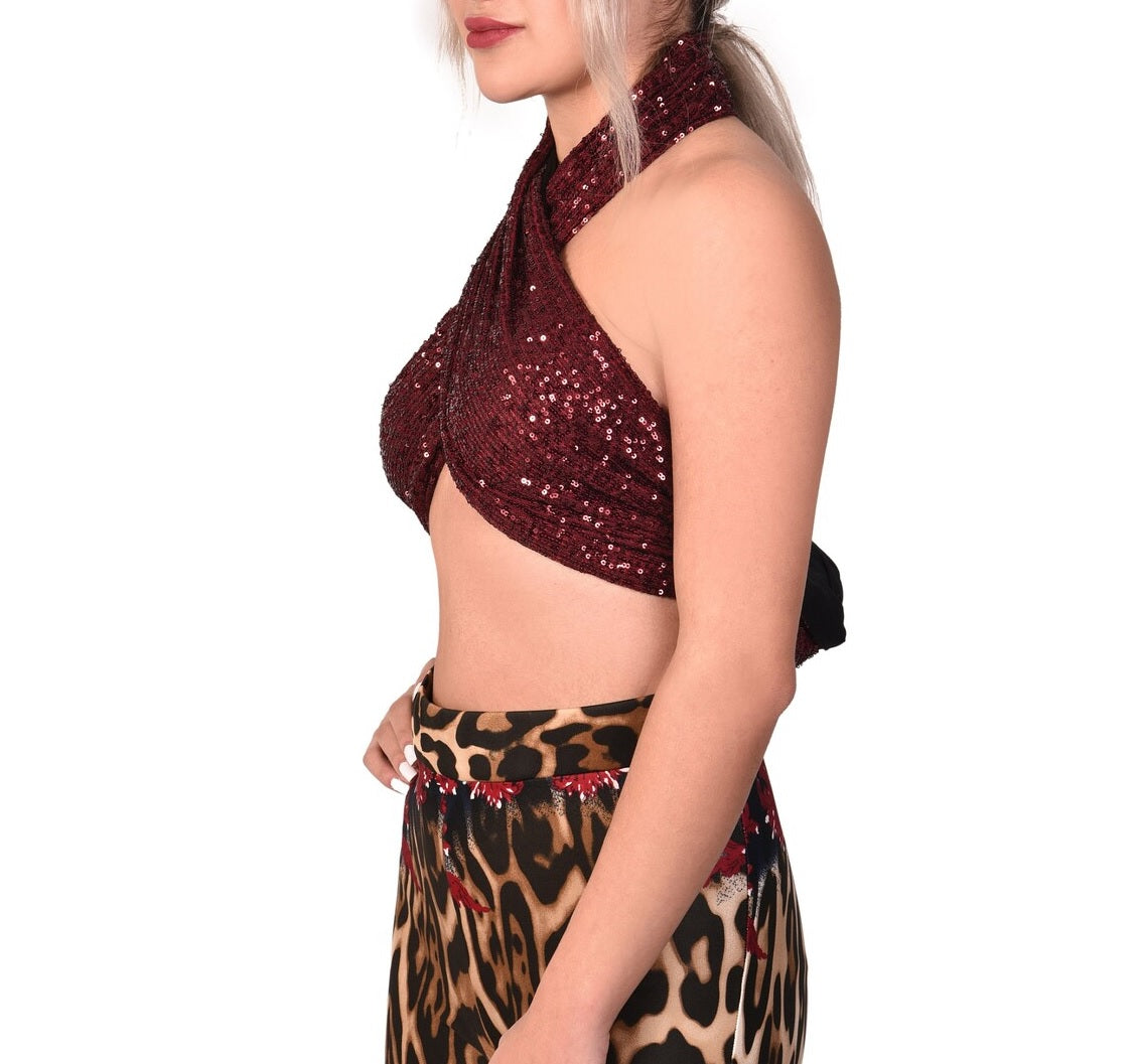 Pul Payetli Halter Yaka Bağlamalı Bordo Şal Bluz