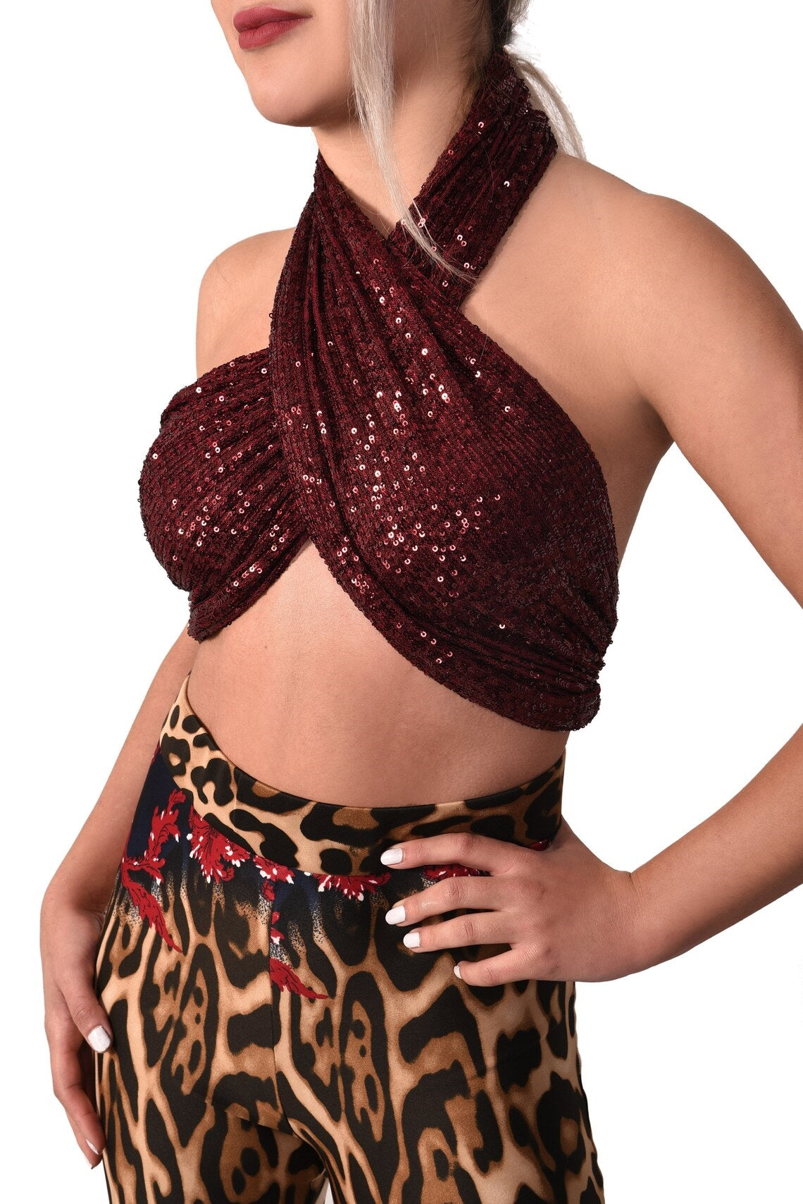 Pul Payetli Halter Yaka Bağlamalı Bordo Şal Bluz