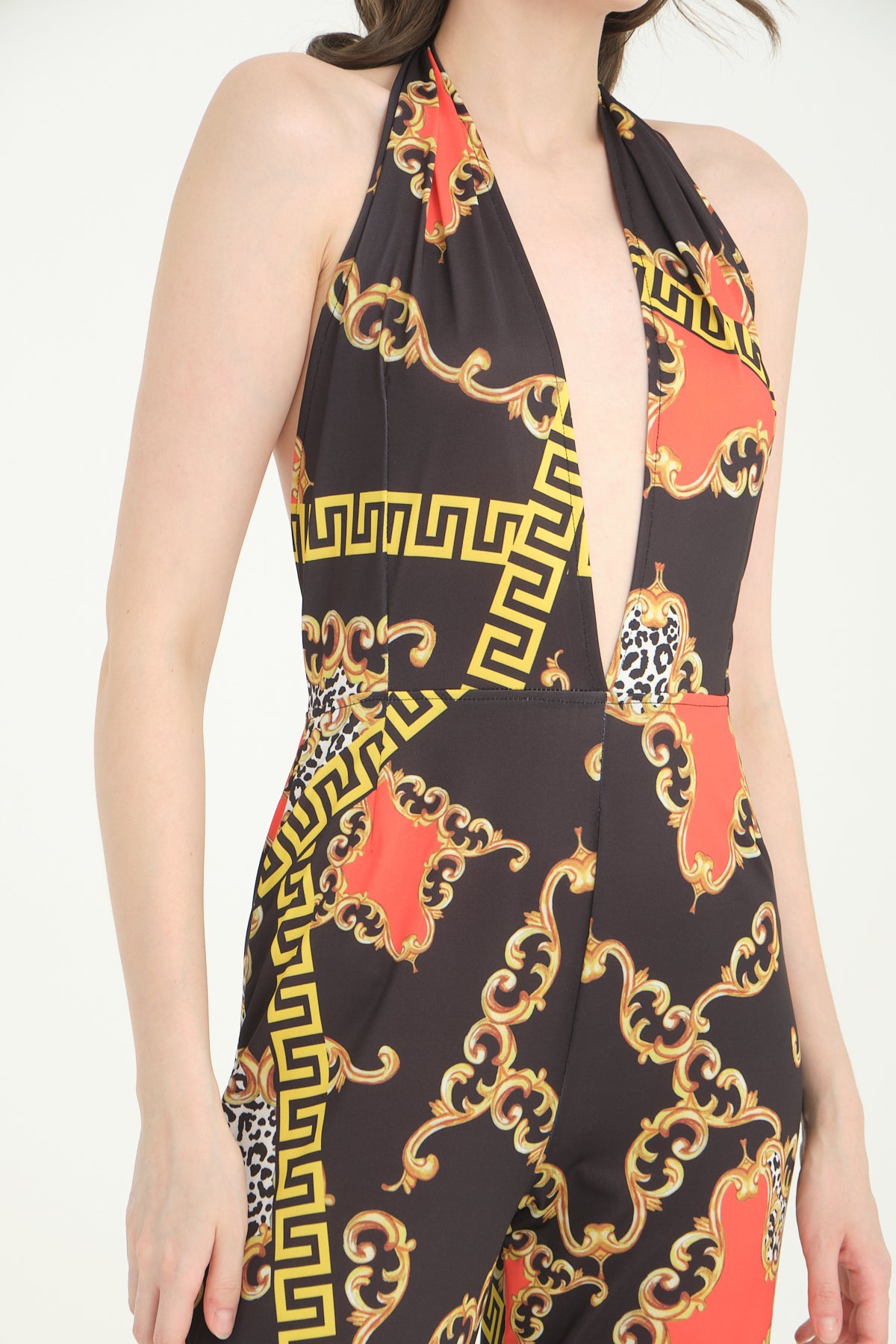 V Yaka Desenli İspanyol Paça Tulum