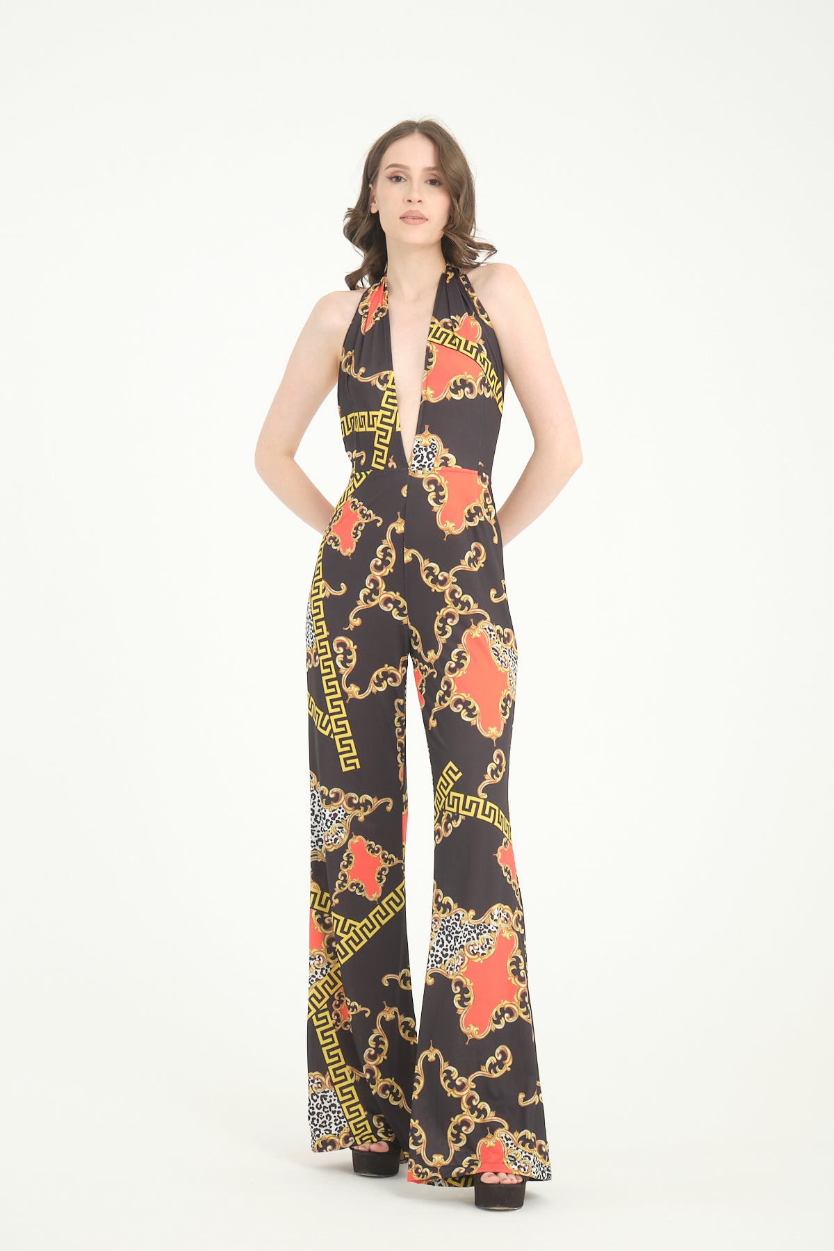 V Yaka Desenli İspanyol Paça Tulum