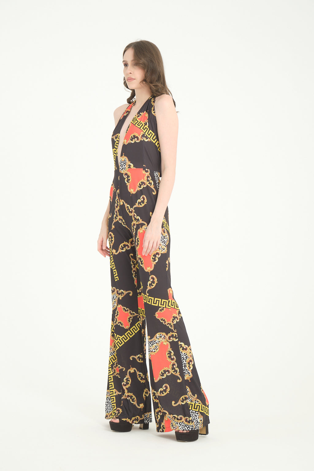 V Yaka Desenli İspanyol Paça Tulum