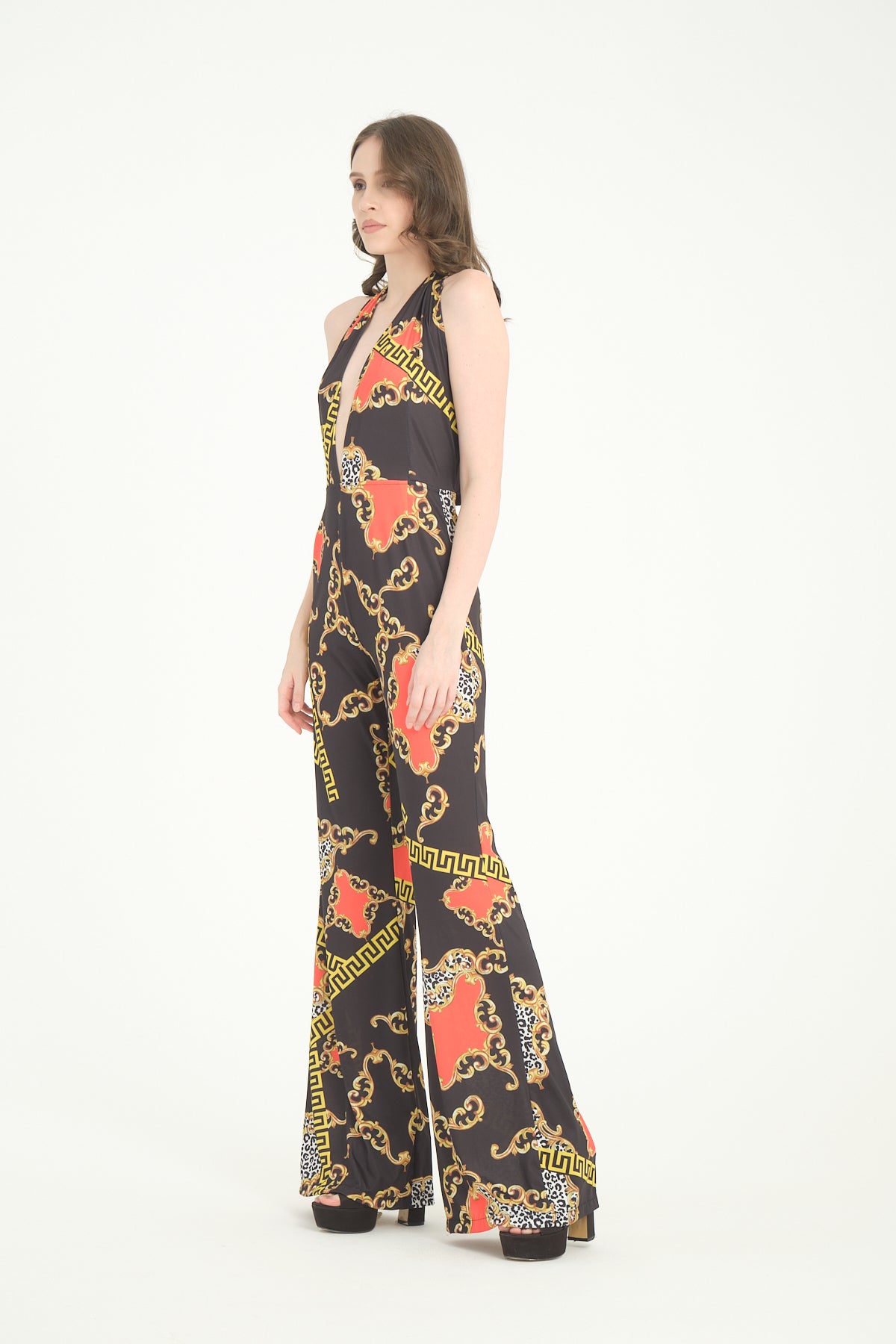 V Yaka Desenli İspanyol Paça Tulum