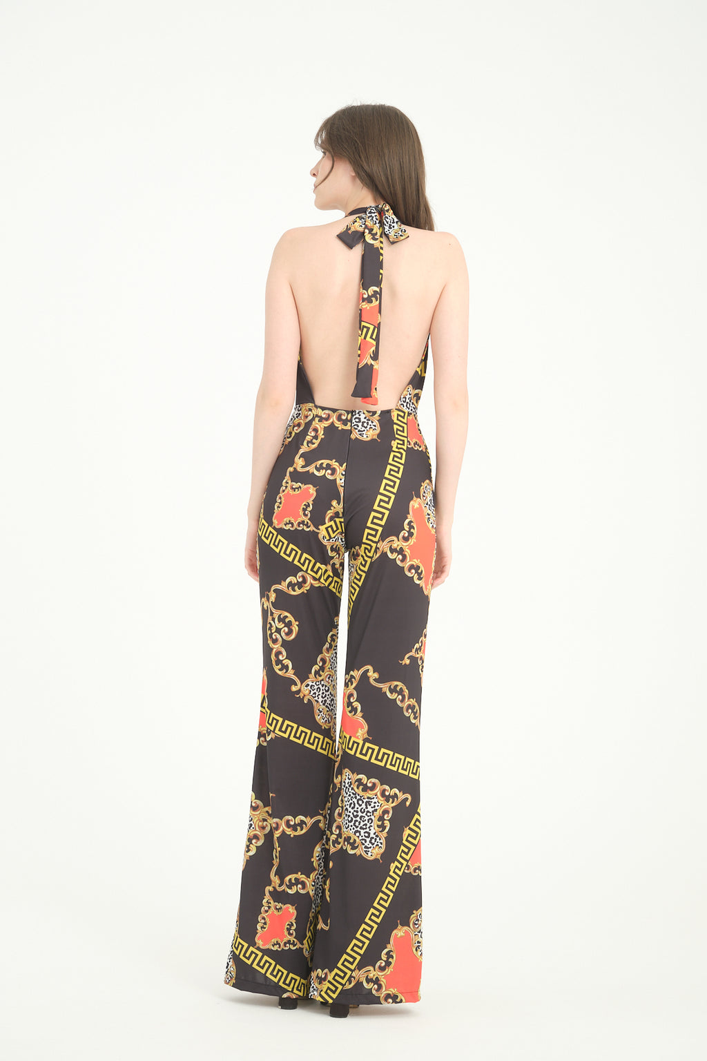 V Yaka Desenli İspanyol Paça Tulum