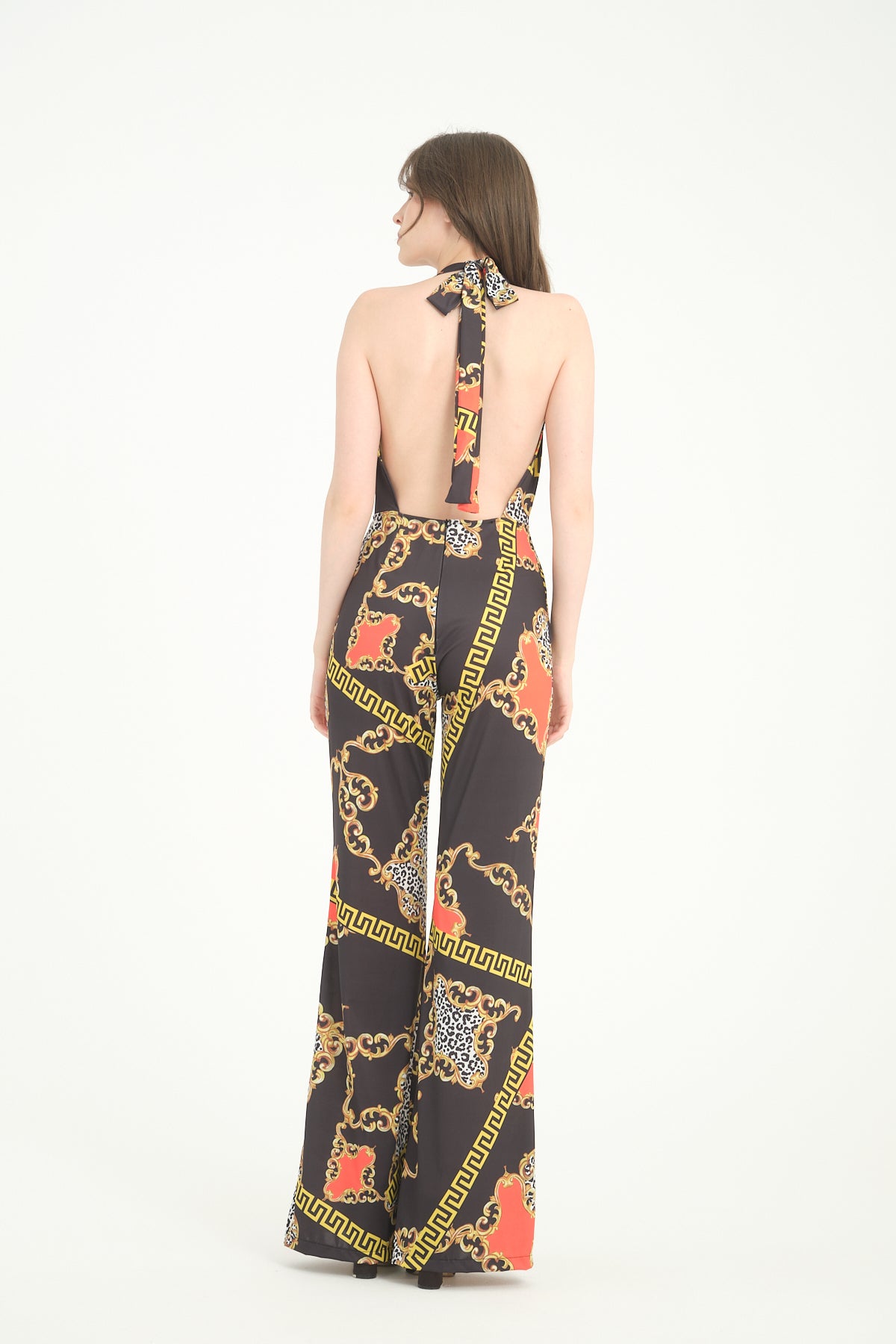 V Yaka Desenli İspanyol Paça Tulum