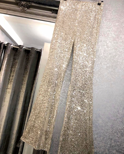 Pul Payetli Şampanya Bej İspanyol Paça Pantolon