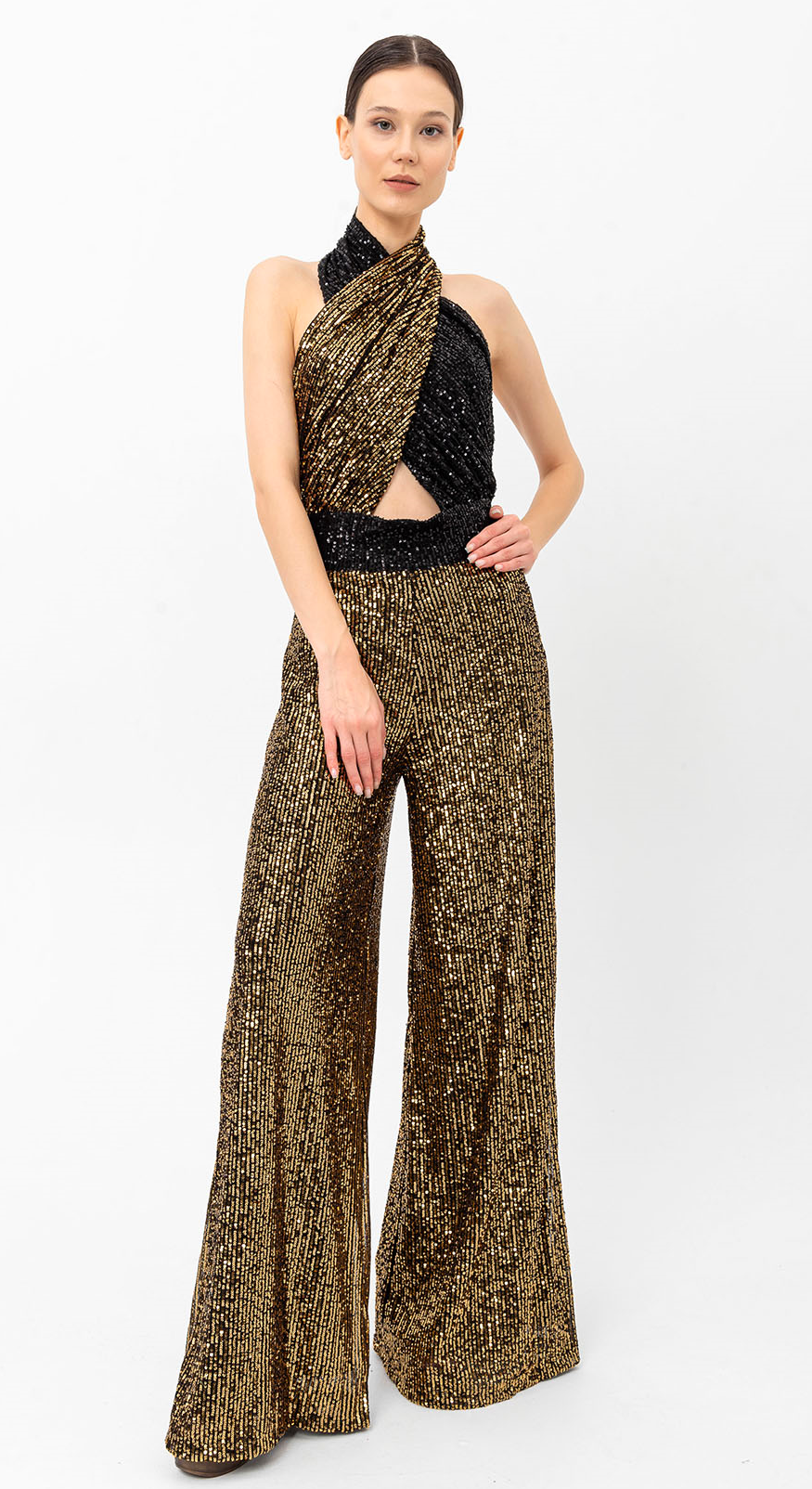 Pul Payetli Halter Yaka Siyah Gold Wide Leg Tulum