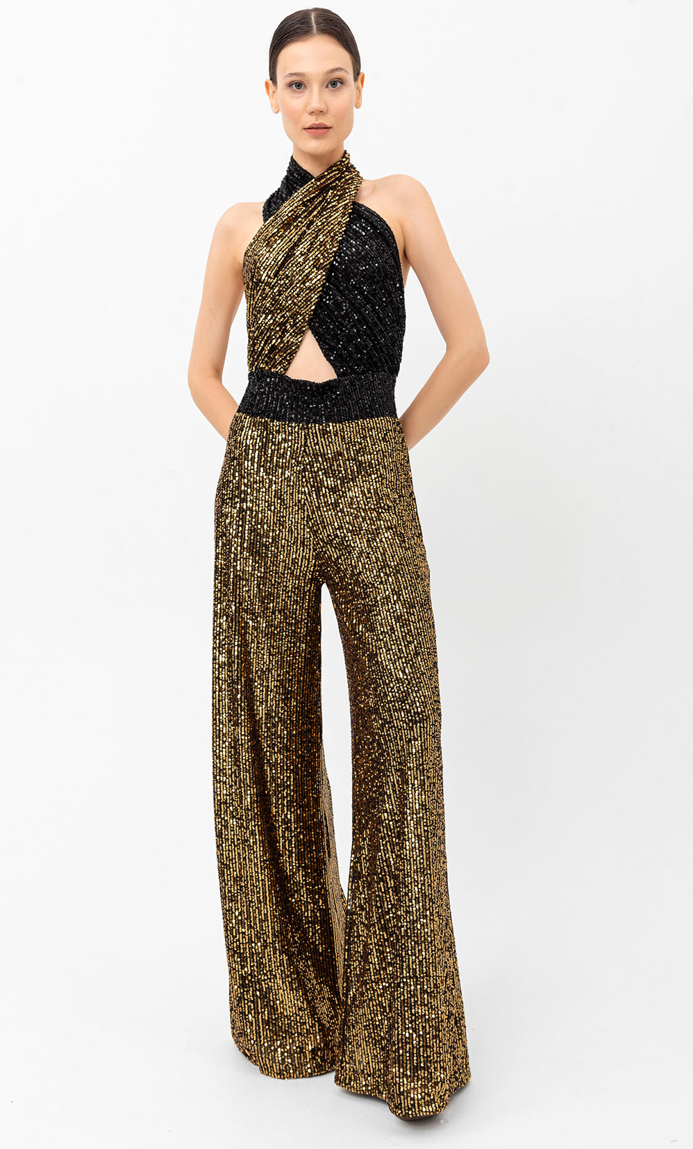 Pul Payetli Halter Yaka Siyah Gold Wide Leg Tulum