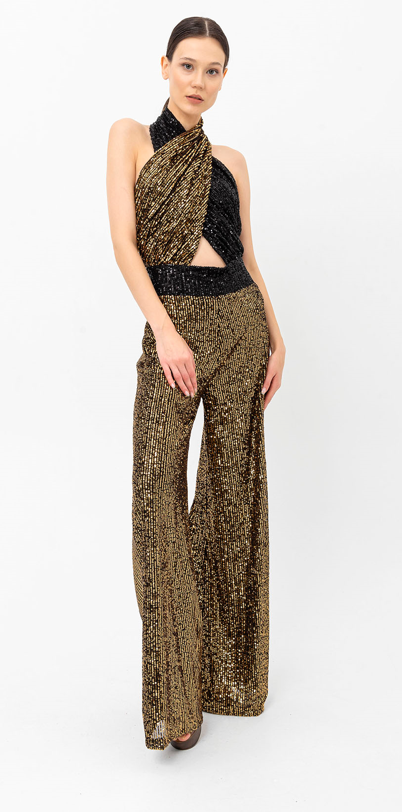 Pul Payetli Halter Yaka Siyah Gold Wide Leg Tulum