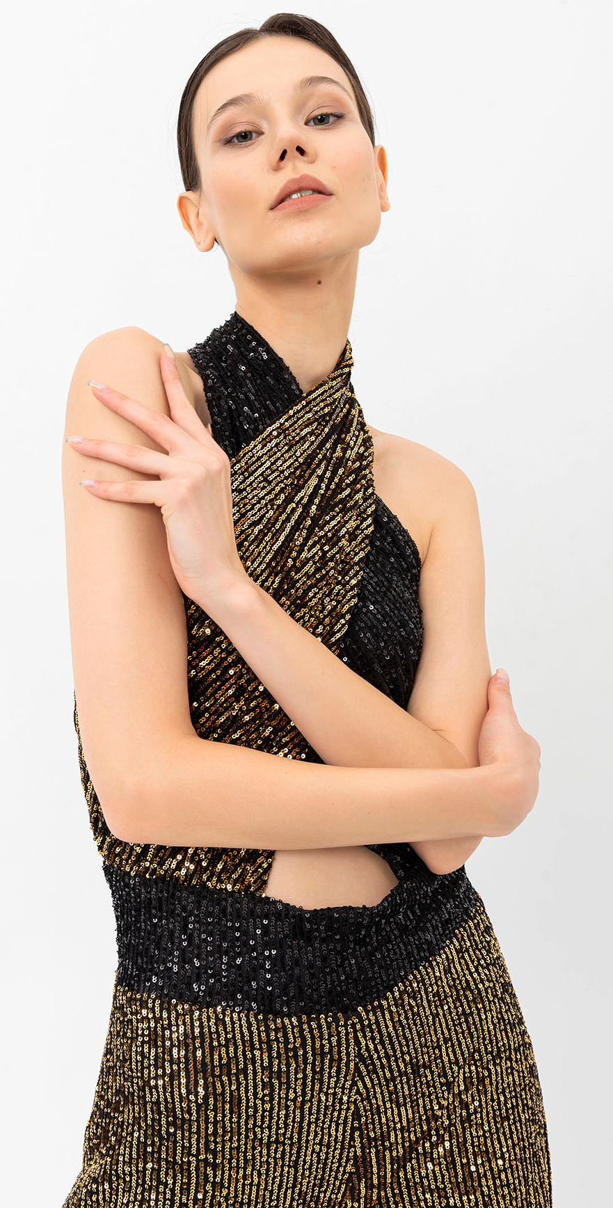 Pul Payetli Halter Yaka Siyah Gold Wide Leg Tulum