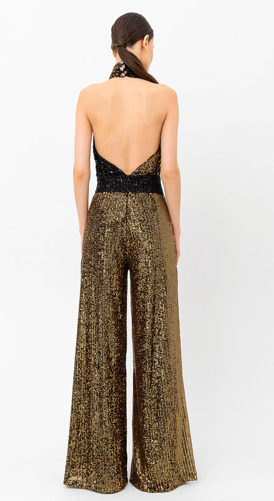 Pul Payetli Halter Yaka Siyah Gold Wide Leg Tulum