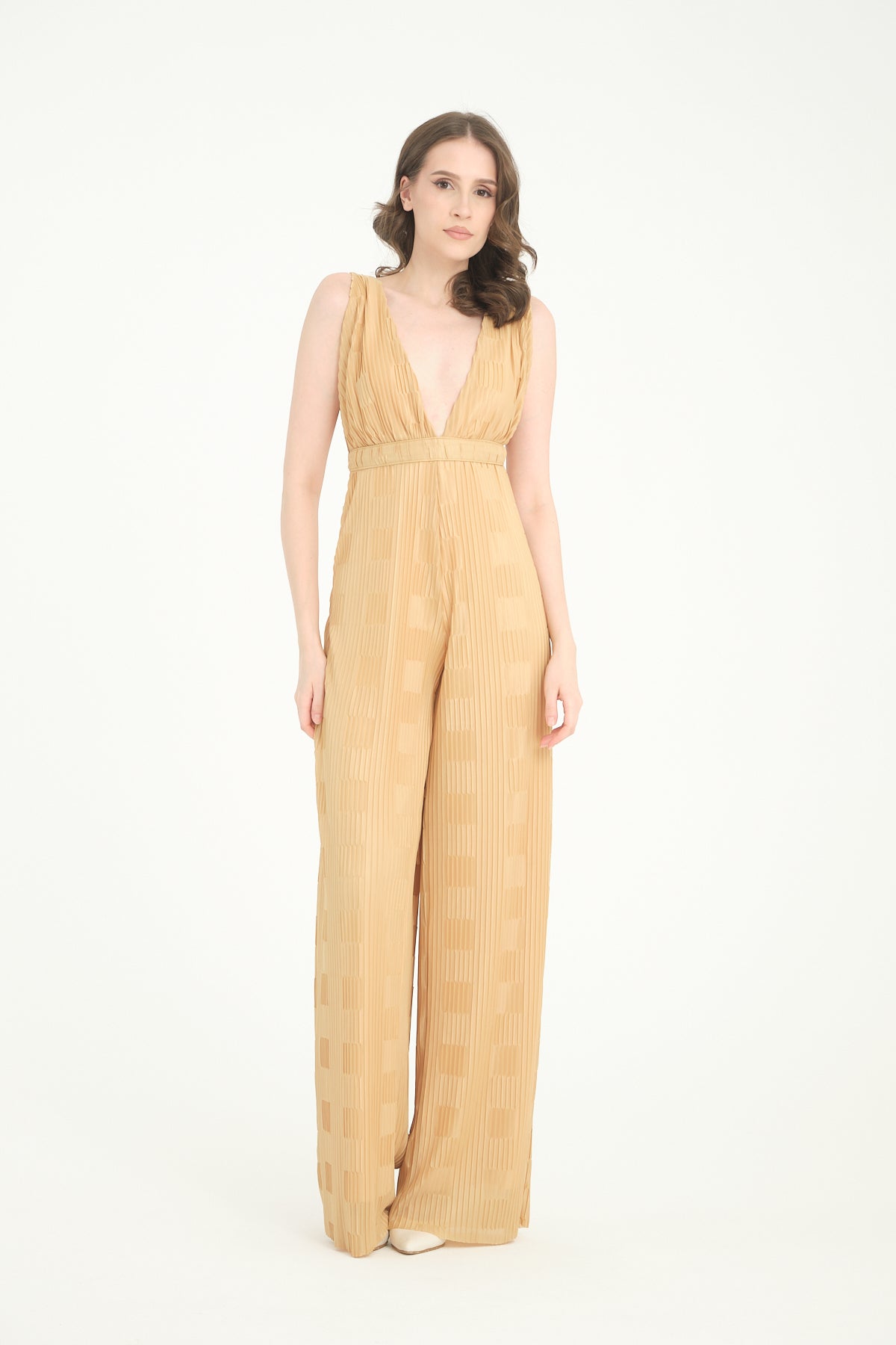 Pileli Wide Leg Sarı Tulum