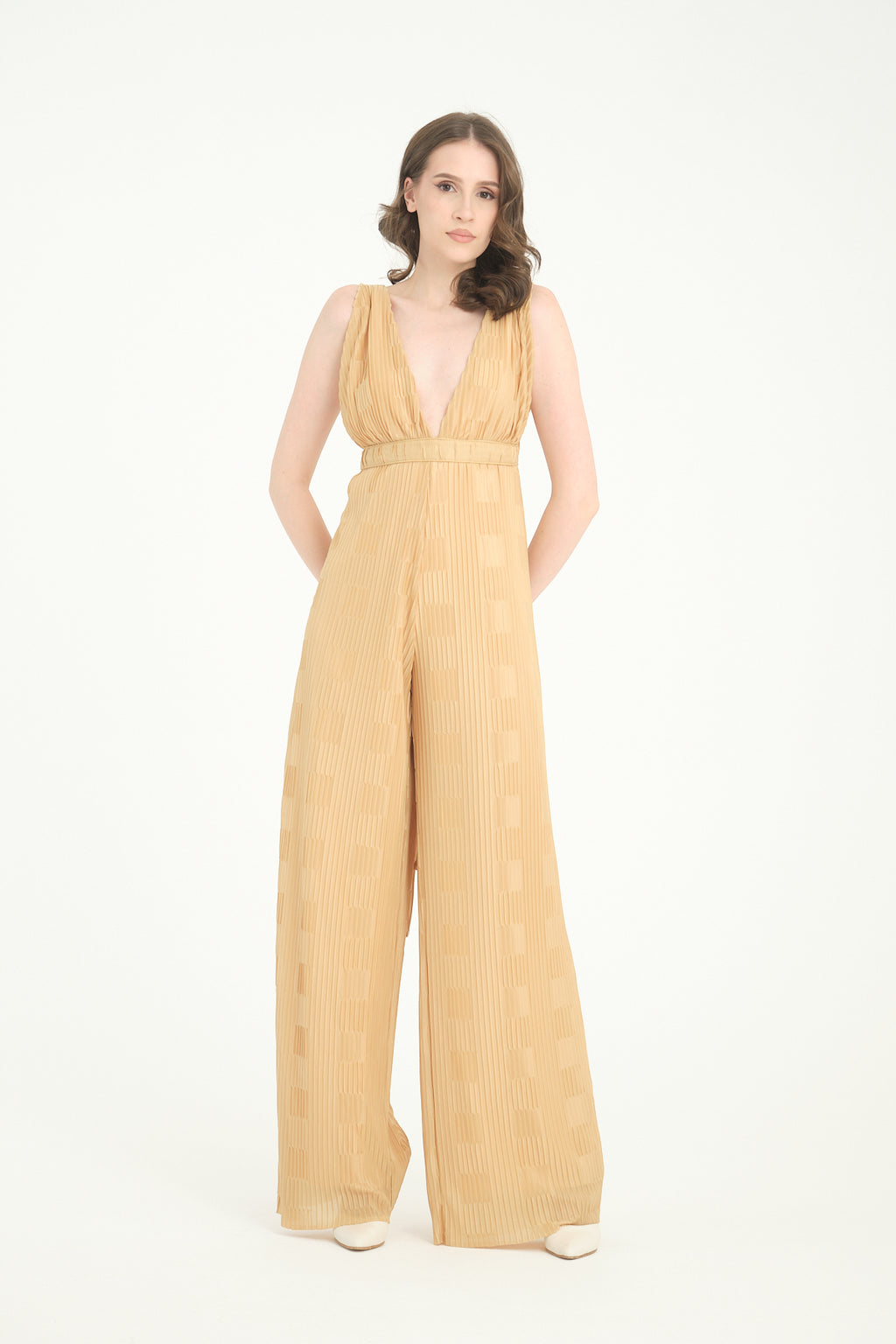 Pileli Wide Leg Sarı Tulum