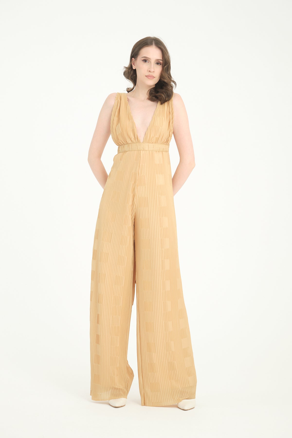 Pileli Wide Leg Sarı Tulum