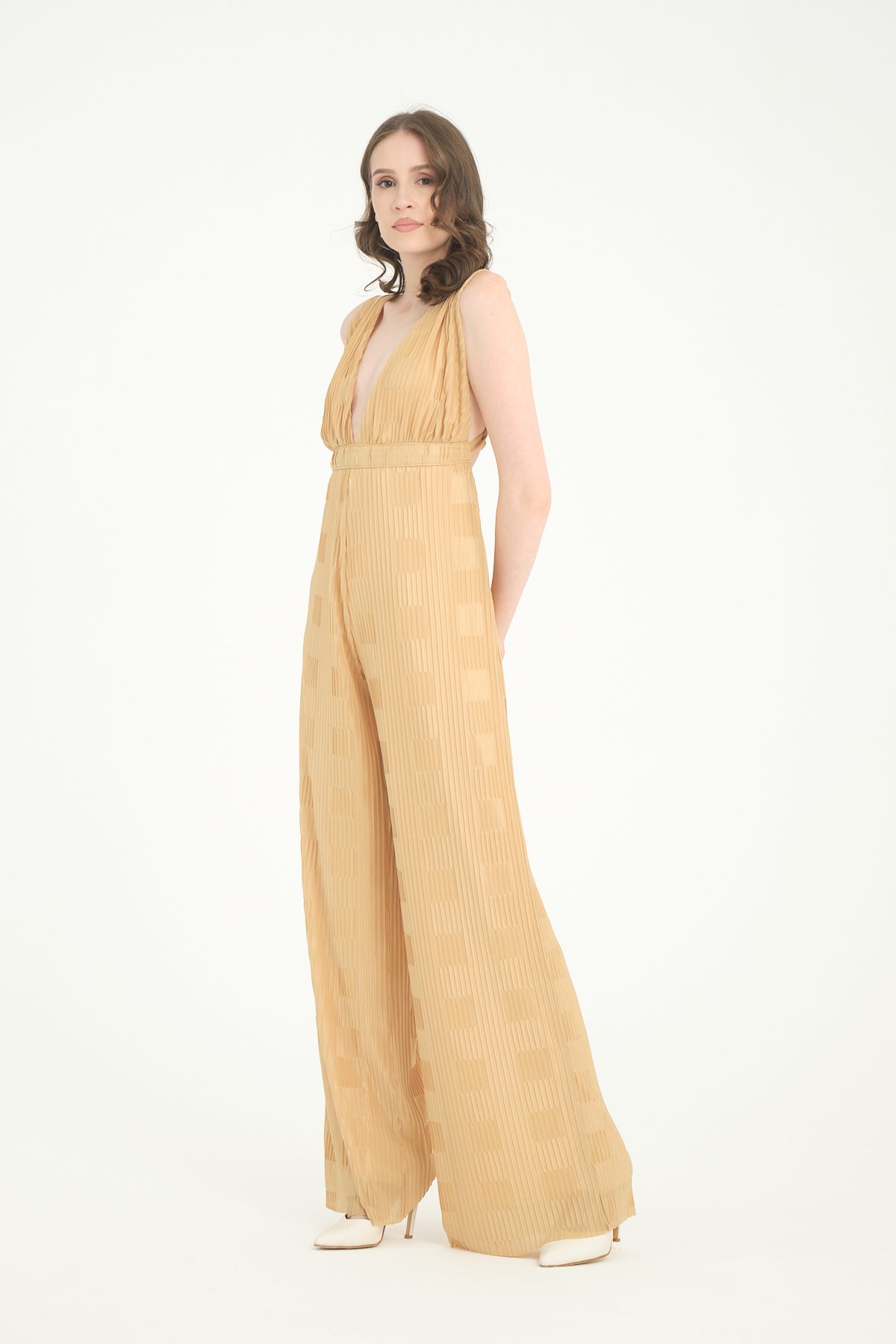 Pileli Wide Leg Sarı Tulum