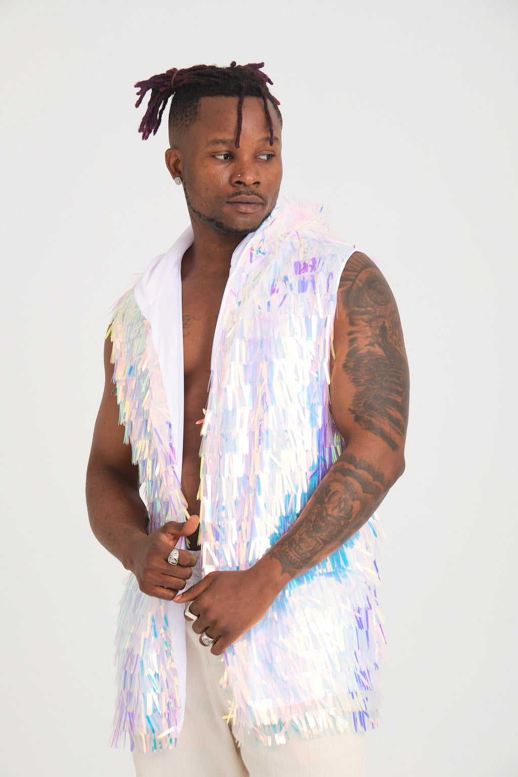 Beyaz Uzun Pullu Kapüşonlu Yelek