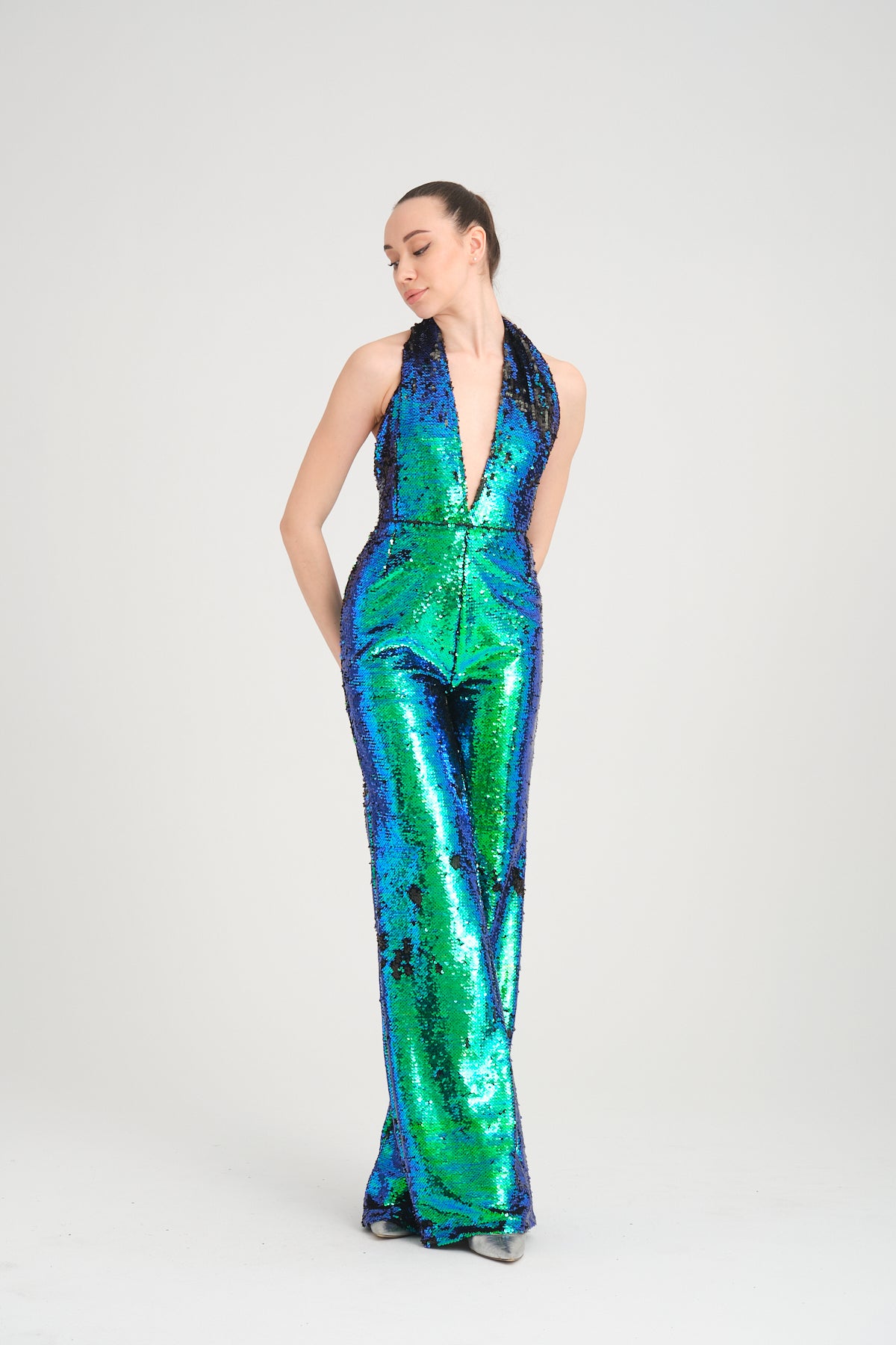 V Yaka Pul Payetli Yeşil Mavi Hologram Abiye Tulum