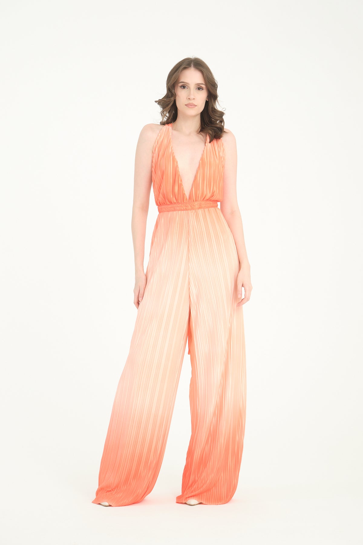 Pileli Wide Leg Turuncu Degrade Tulum