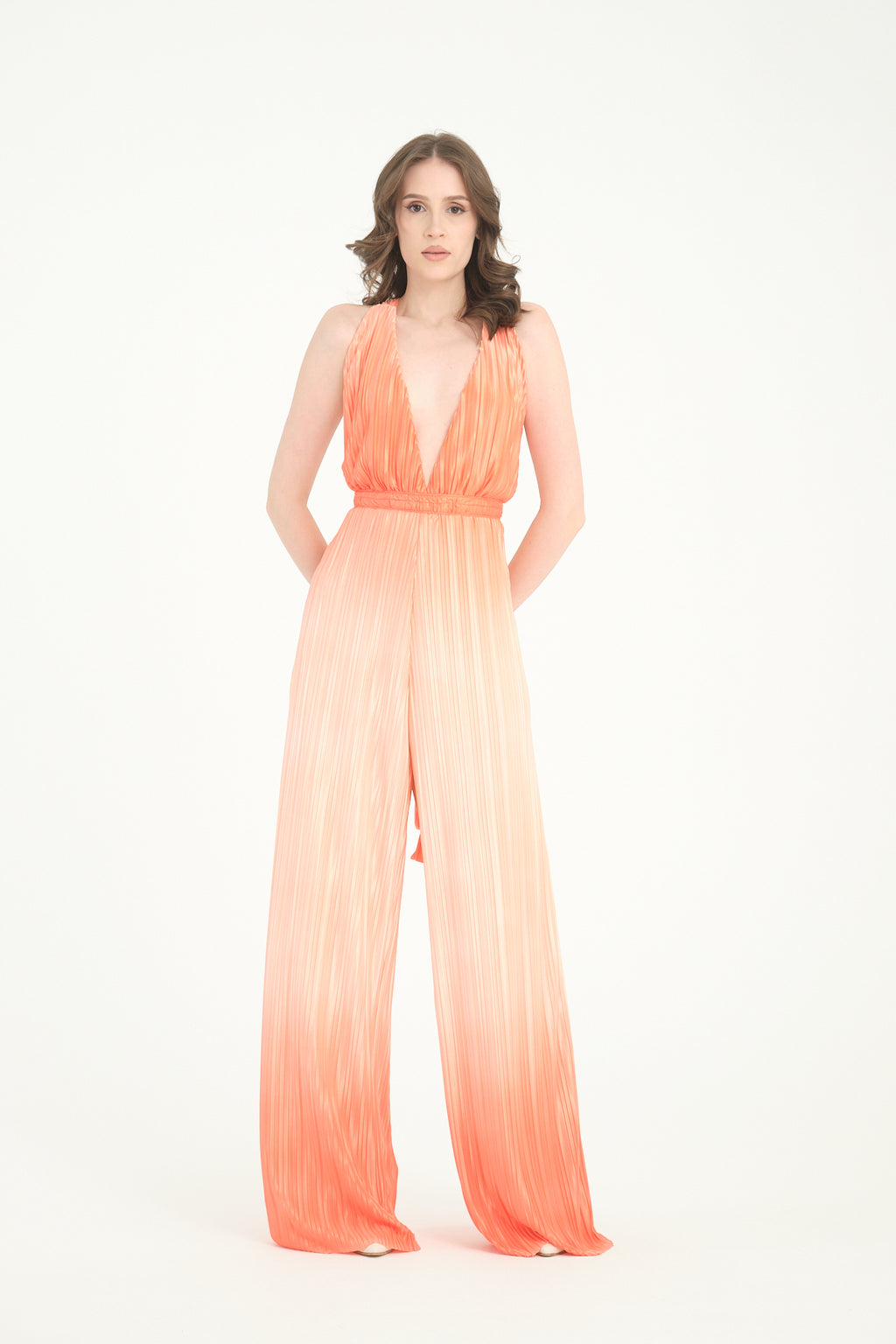 Pileli Wide Leg Turuncu Degrade Tulum