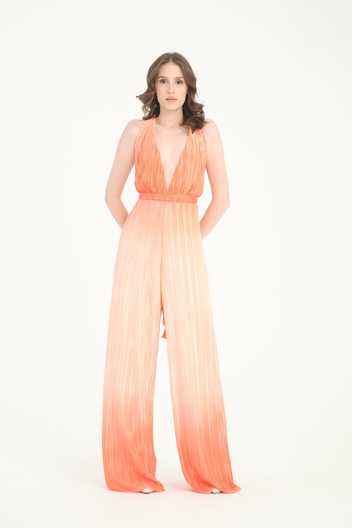 Pileli Wide Leg Turuncu Degrade Tulum