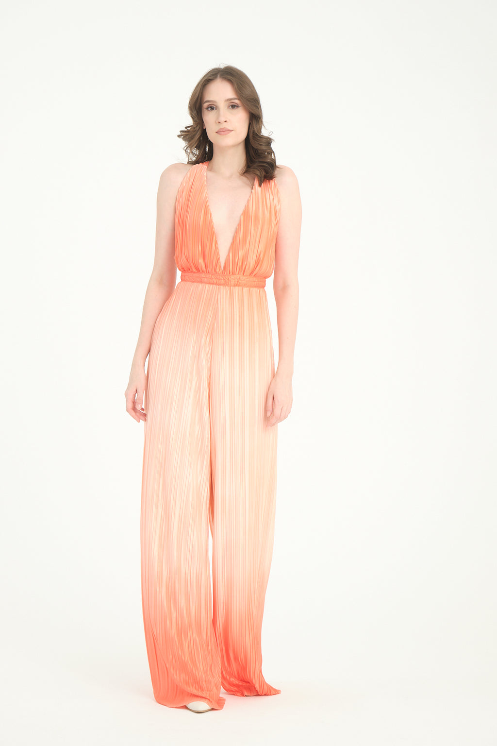 Pileli Wide Leg Turuncu Degrade Tulum