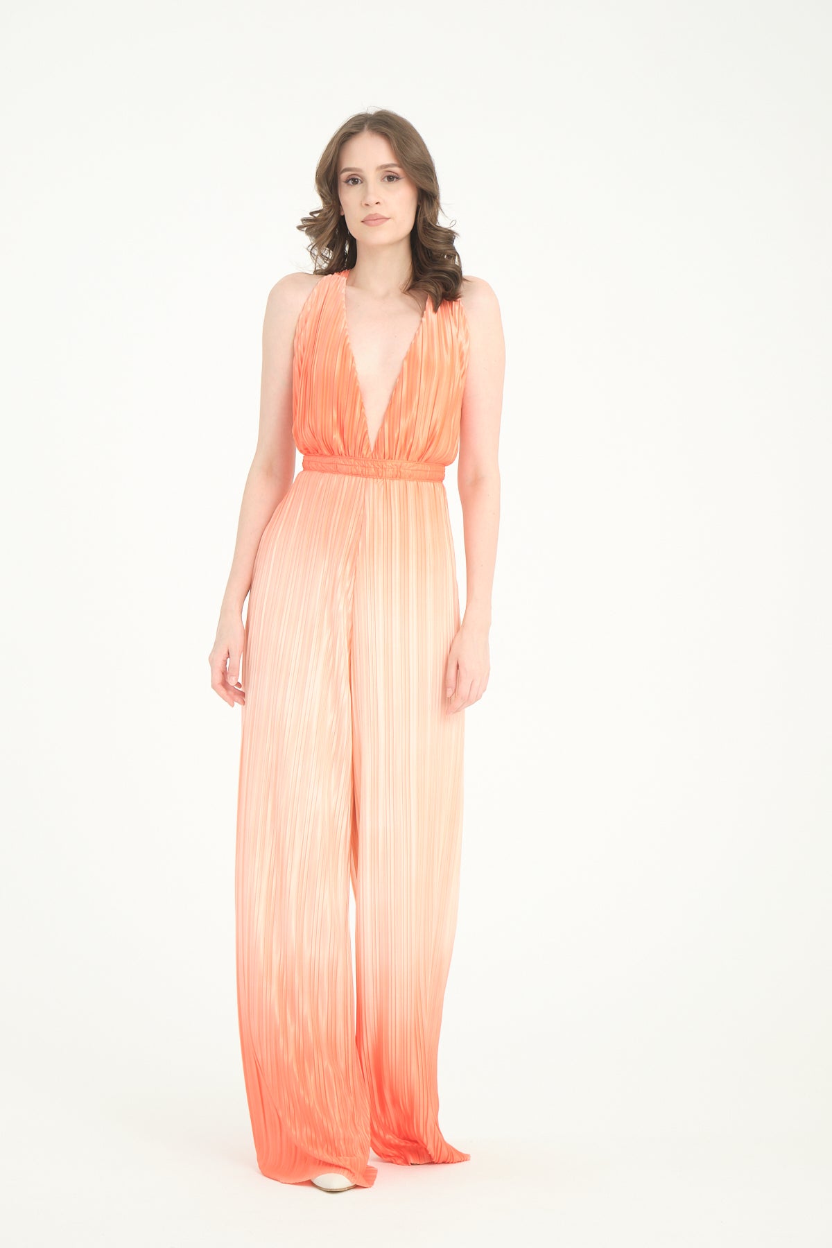 Pileli Wide Leg Turuncu Degrade Tulum