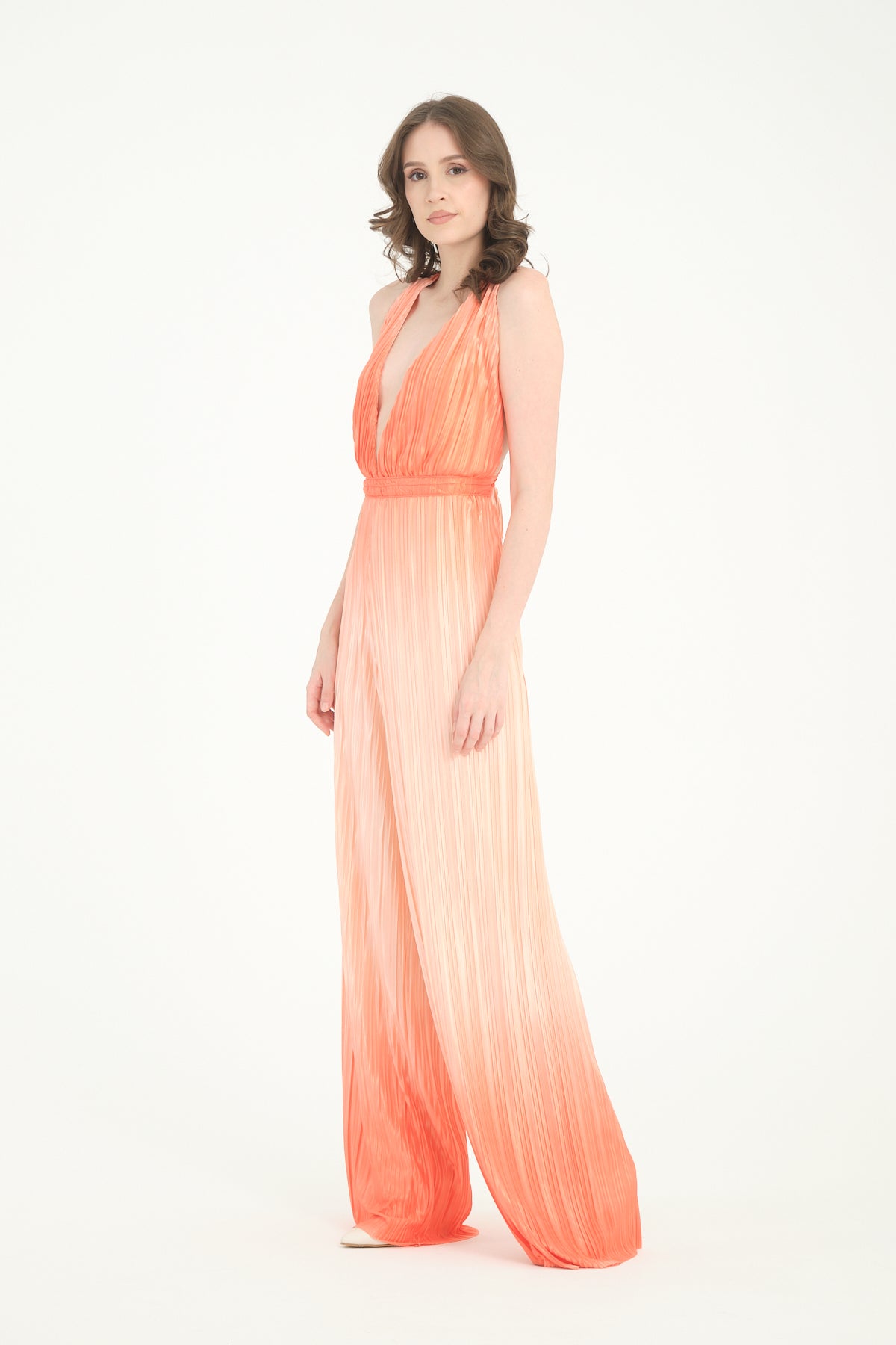 Pileli Wide Leg Turuncu Degrade Tulum