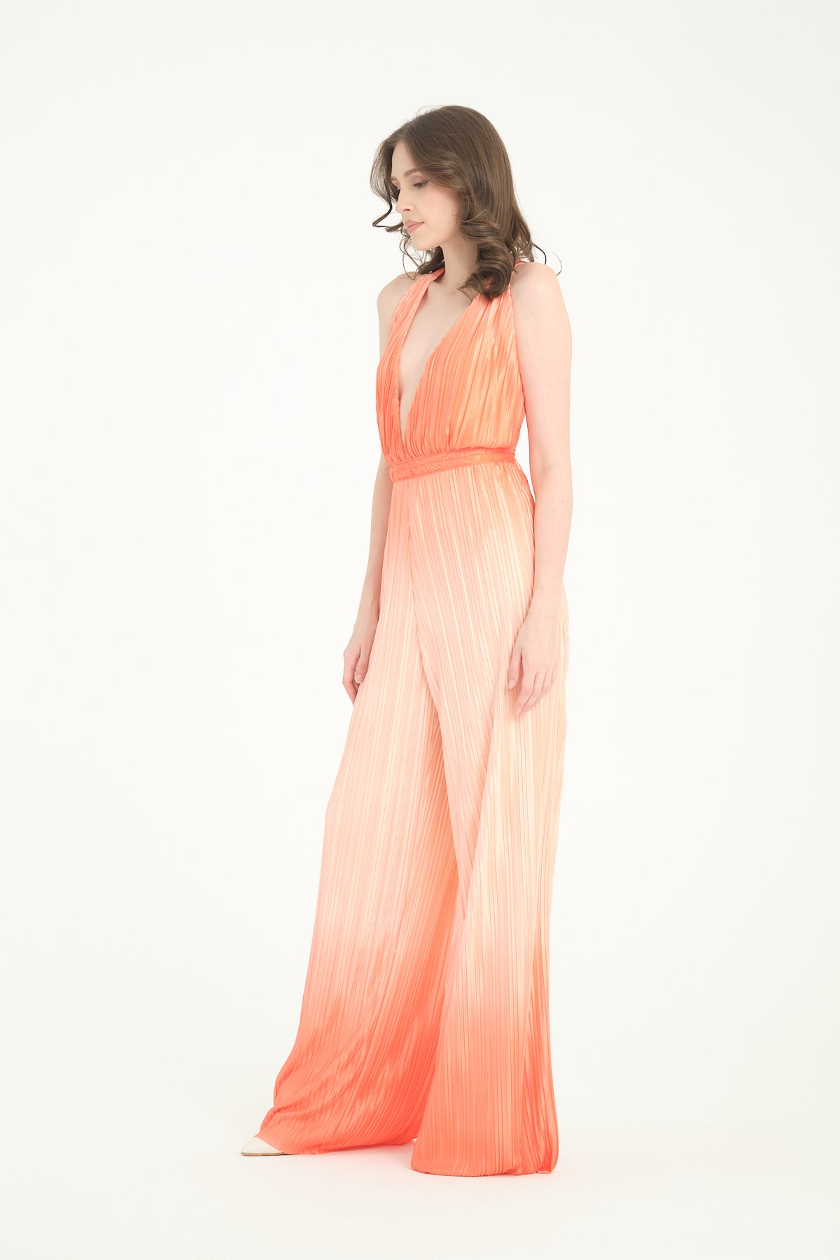 Pileli Wide Leg Turuncu Degrade Tulum