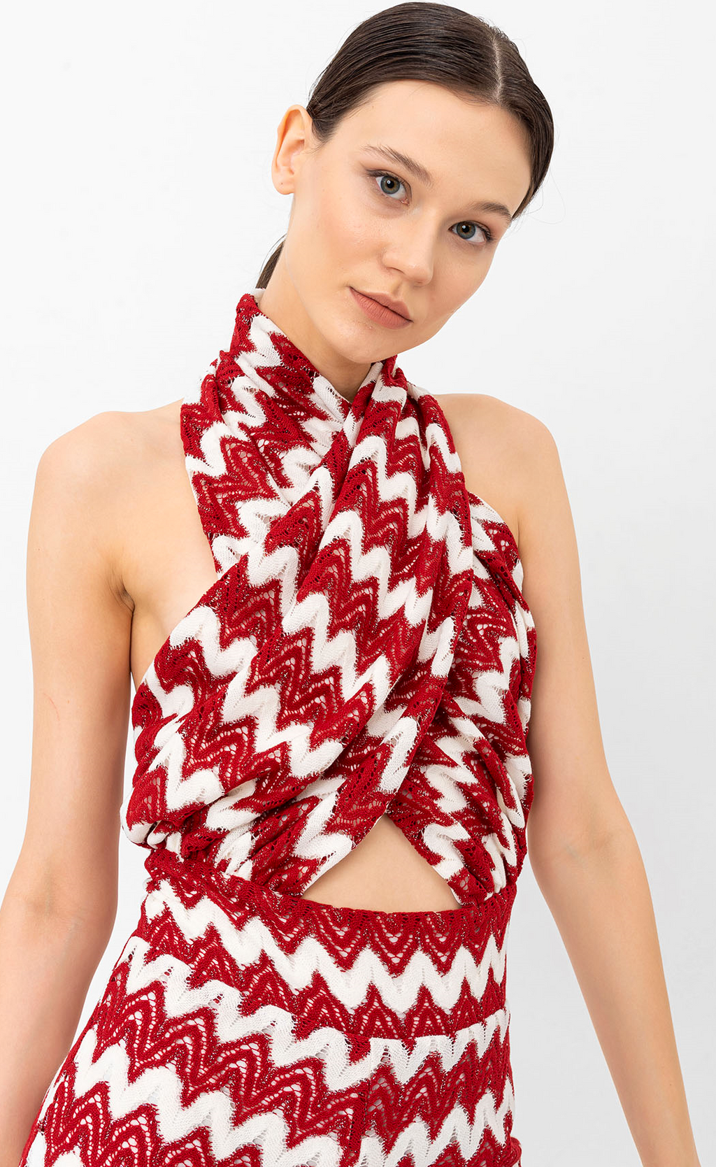 Halter Yaka Kırmızı Beyaz Triko Tulum