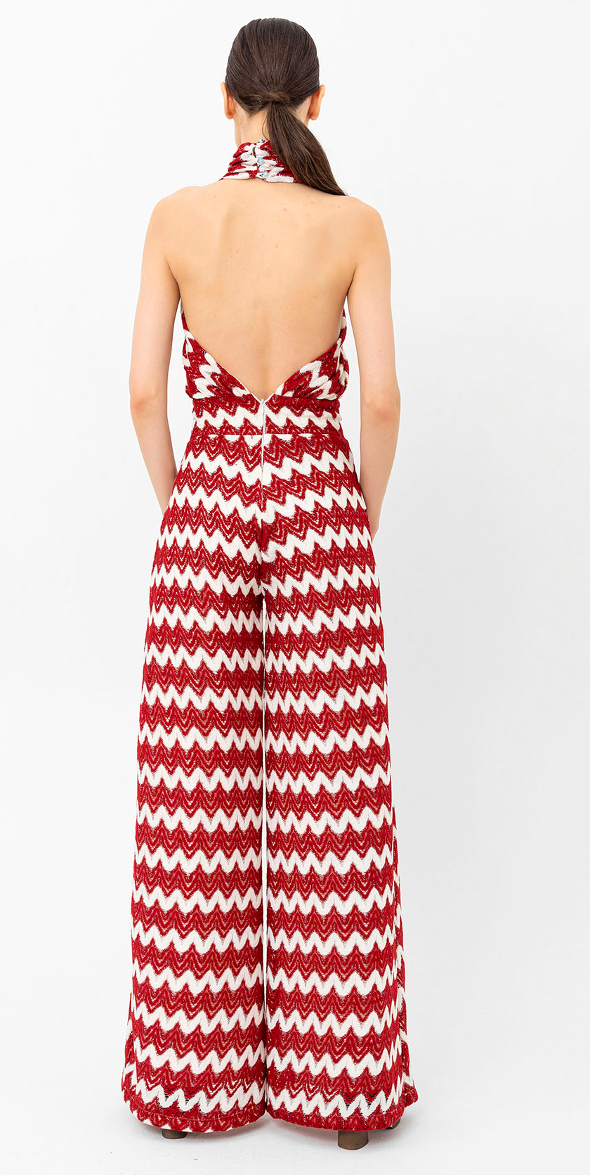 Halter Yaka Kırmızı Beyaz Triko Tulum