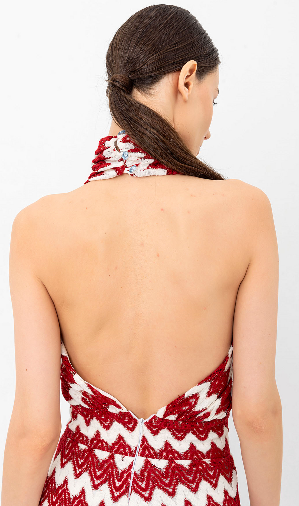 Halter Yaka Kırmızı Beyaz Triko Tulum