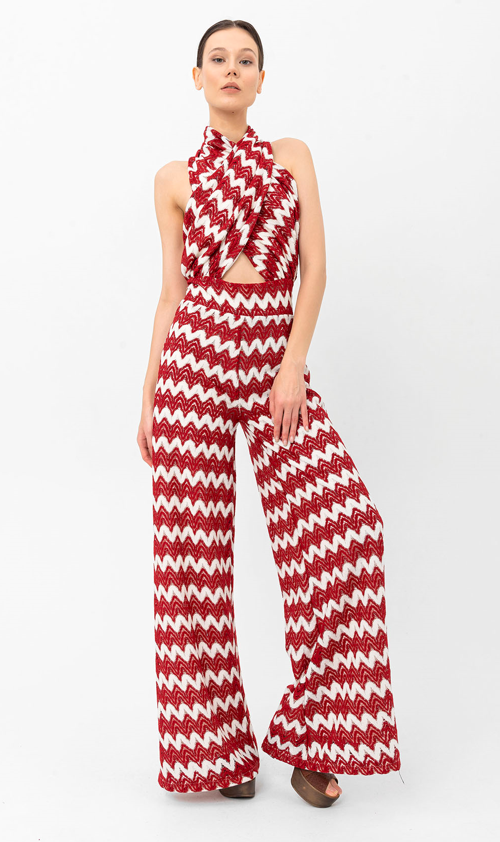 Halter Yaka Kırmızı Beyaz Triko Tulum