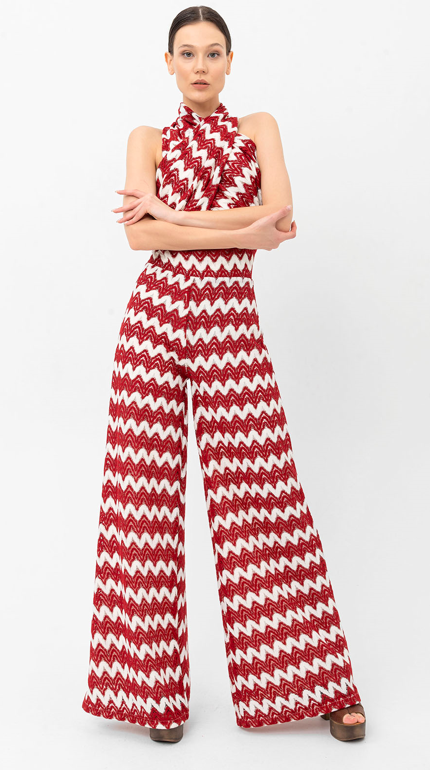 Halter Yaka Kırmızı Beyaz Triko Tulum