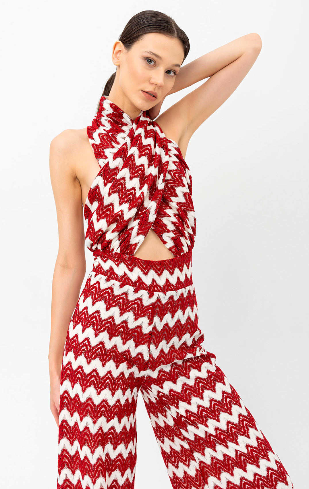 Halter Yaka Kırmızı Beyaz Triko Tulum