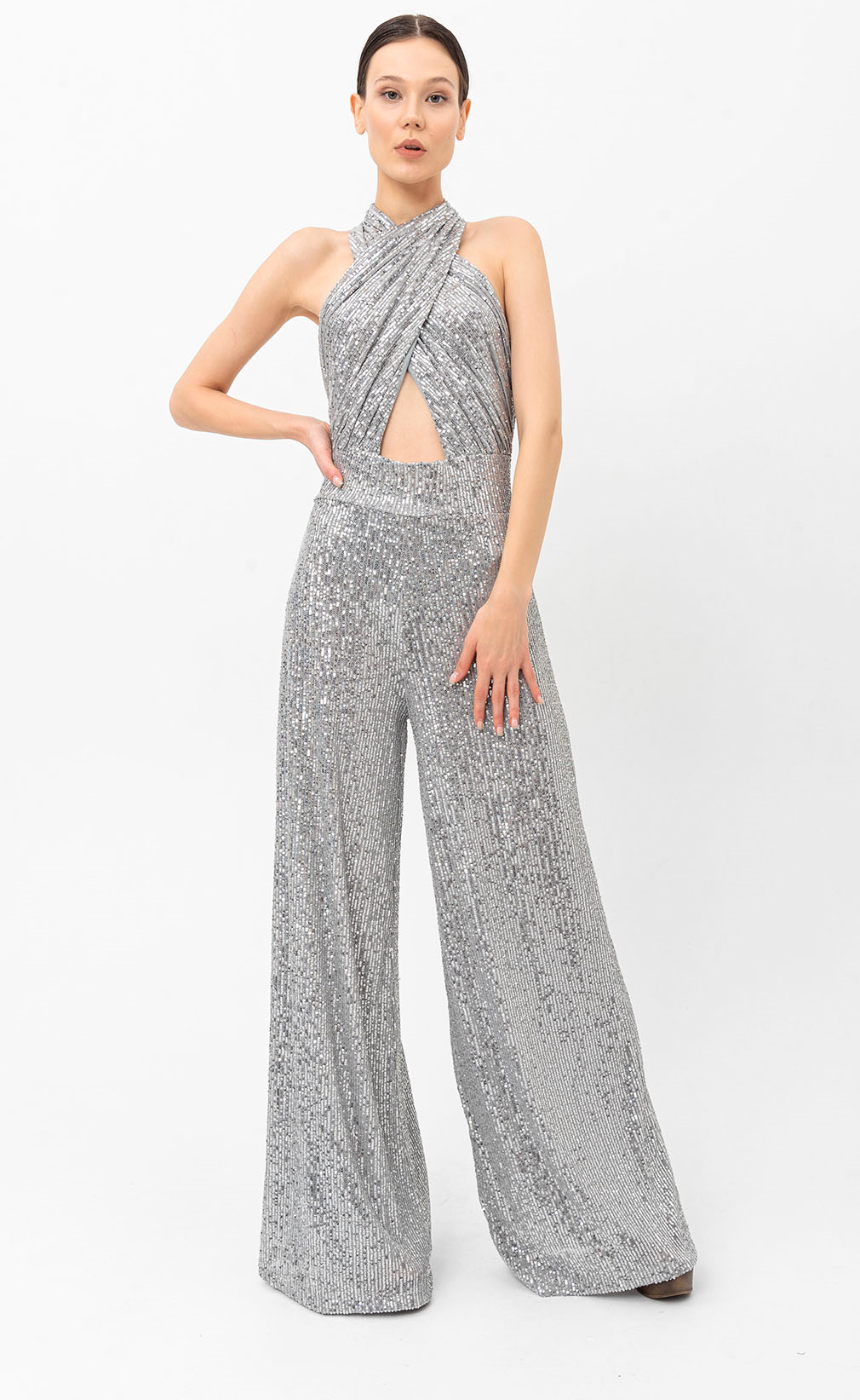 Pul Payetli Halter Yaka Gümüş Tulum