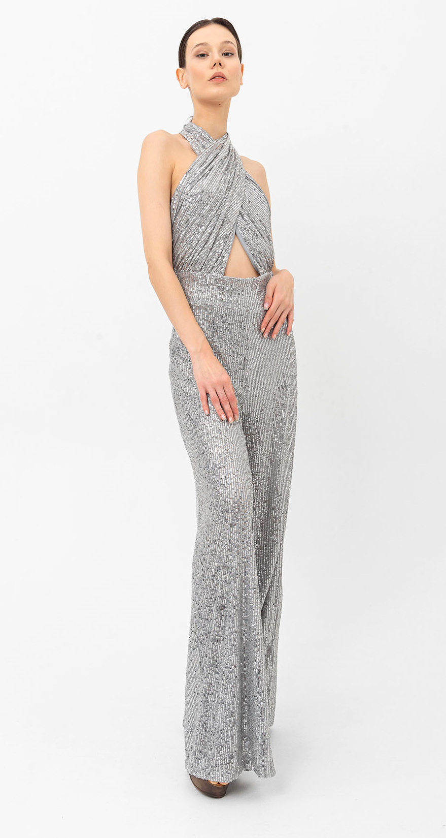 Pul Payetli Halter Yaka Gümüş Tulum