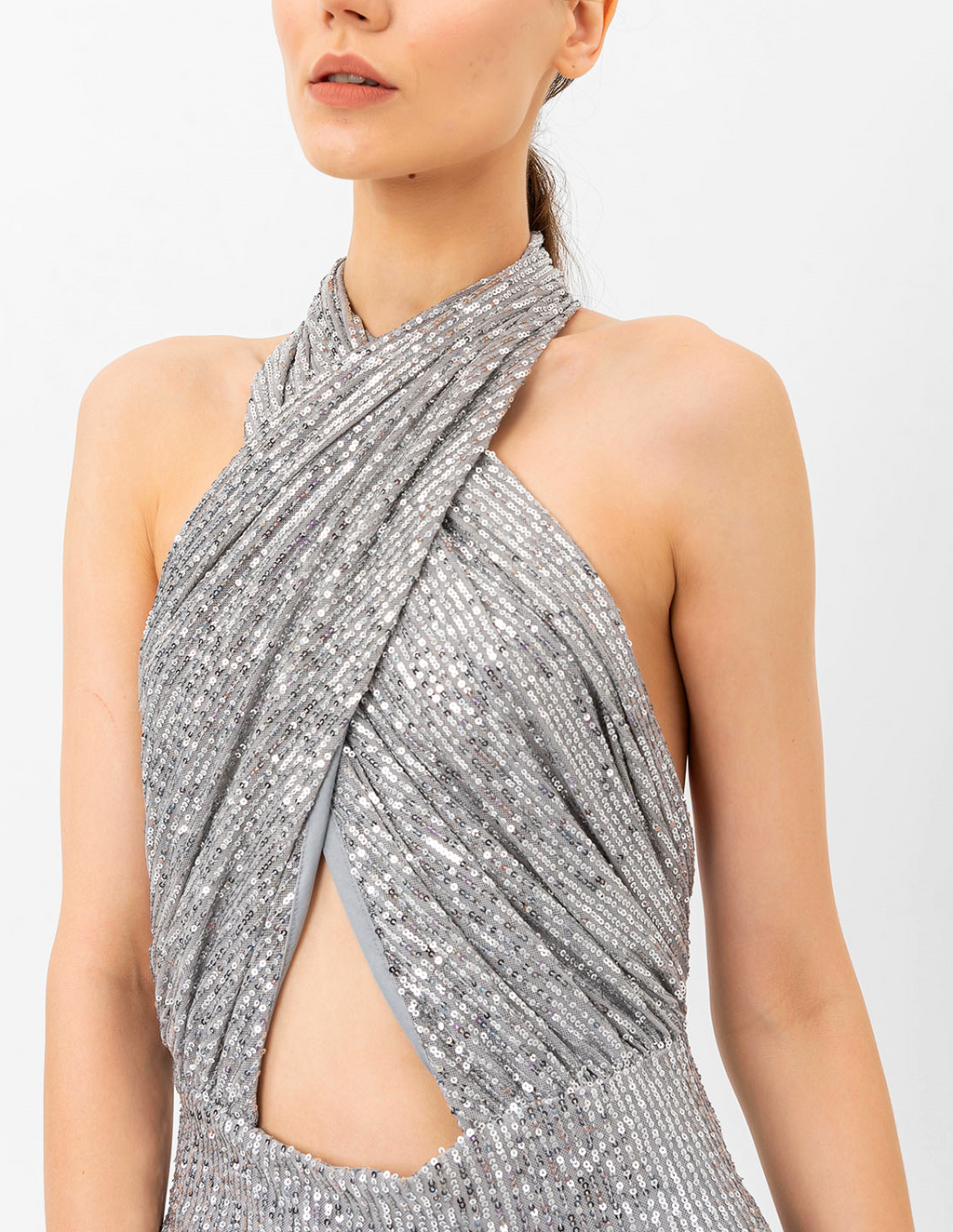 Pul Payetli Halter Yaka Gümüş Tulum