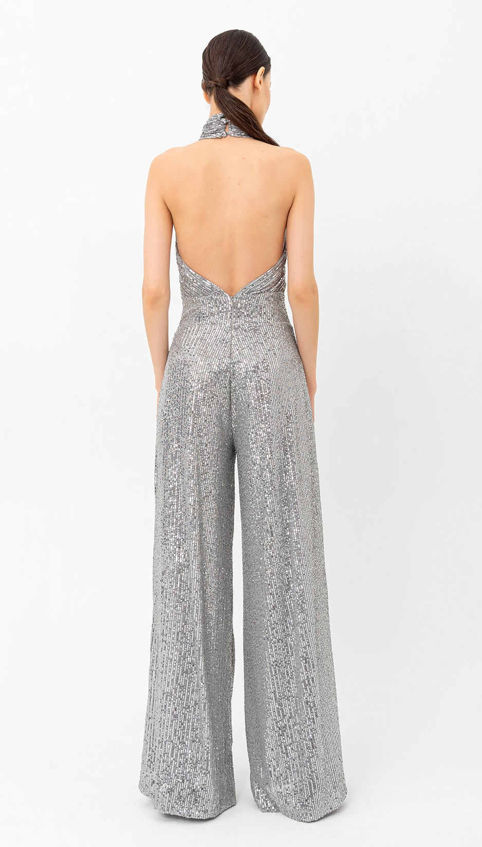 Pul Payetli Halter Yaka Gümüş Tulum