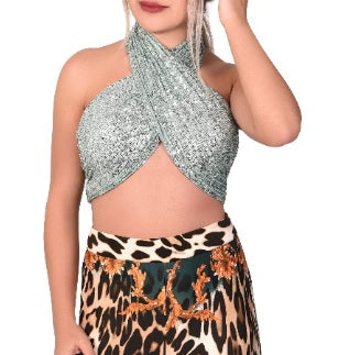 Pul Payetli Halter Yaka Bağlamalı Gümüş Şal Bluz