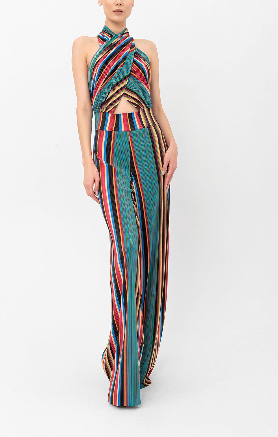 Halter Yaka Retro Çizgili Pileli Tulum