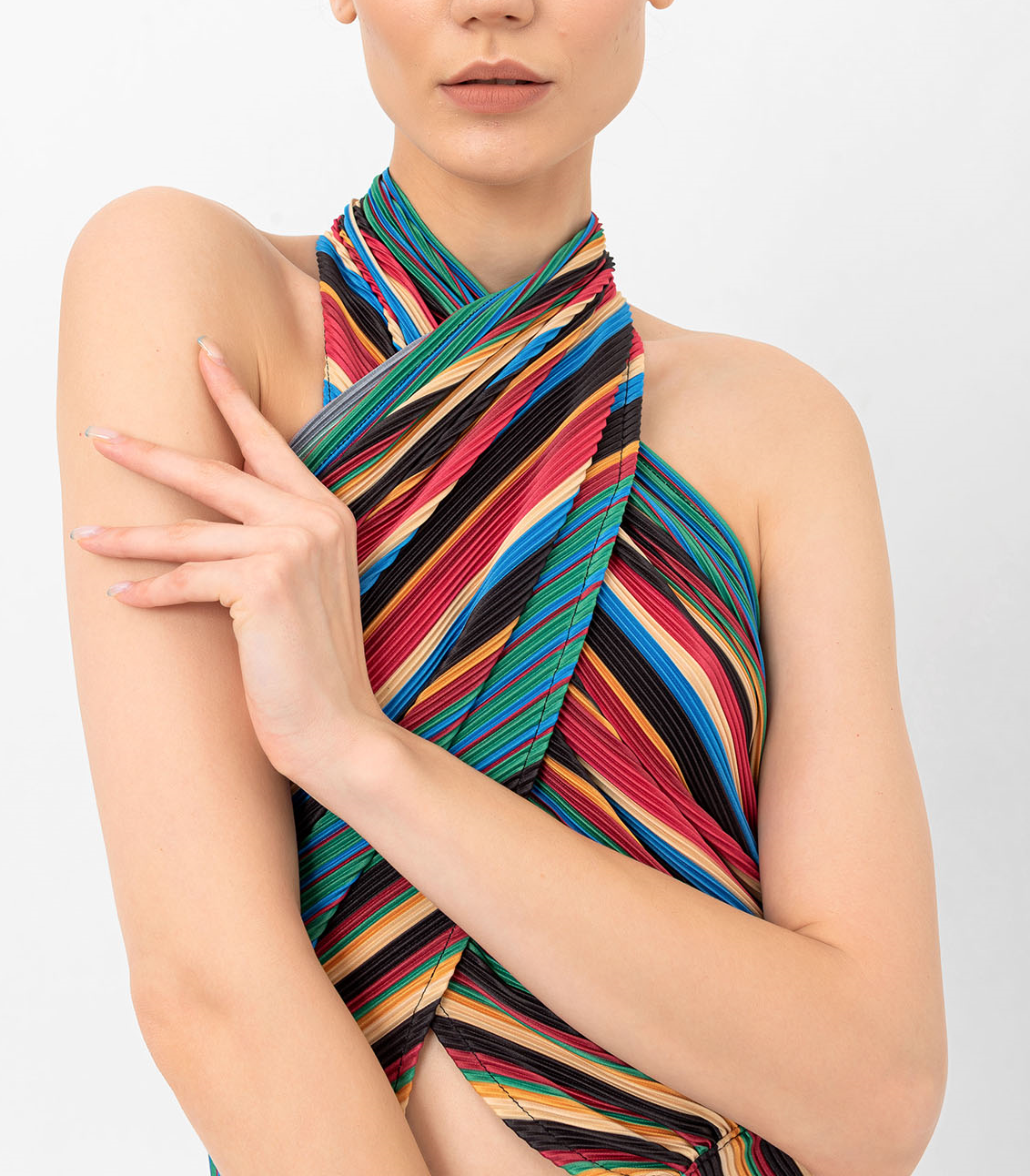 Halter Yaka Retro Çizgili Pileli Tulum