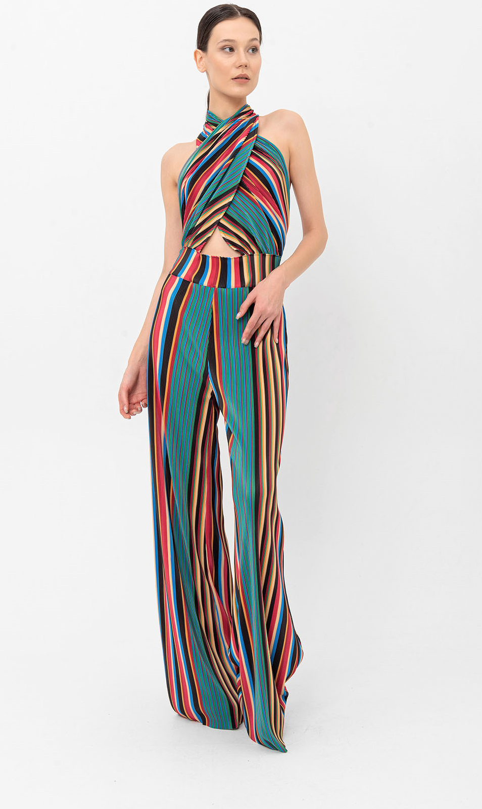 Halter Yaka Retro Çizgili Pileli Tulum