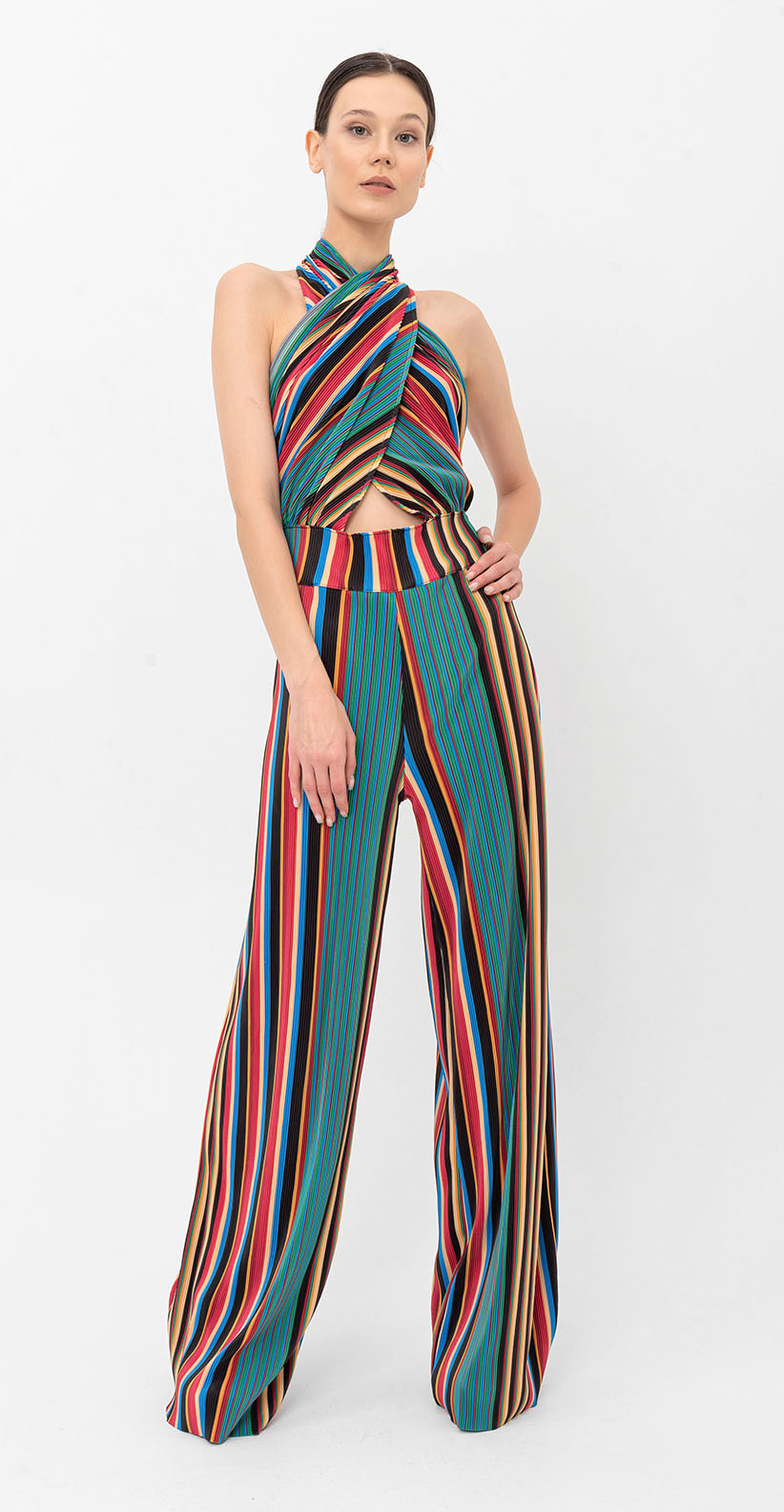 Halter Yaka Retro Çizgili Pileli Tulum