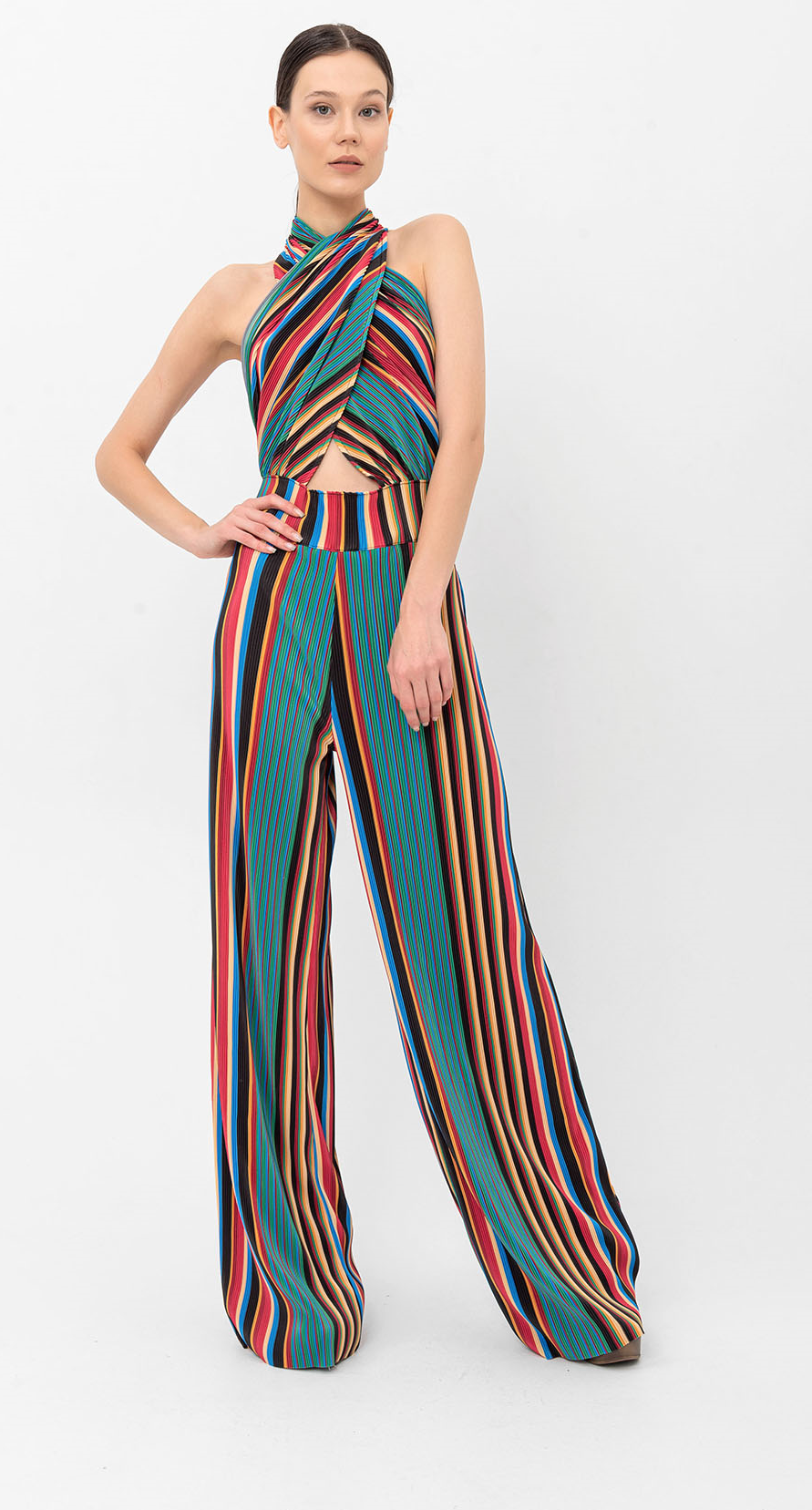 Halter Yaka Retro Çizgili Pileli Tulum