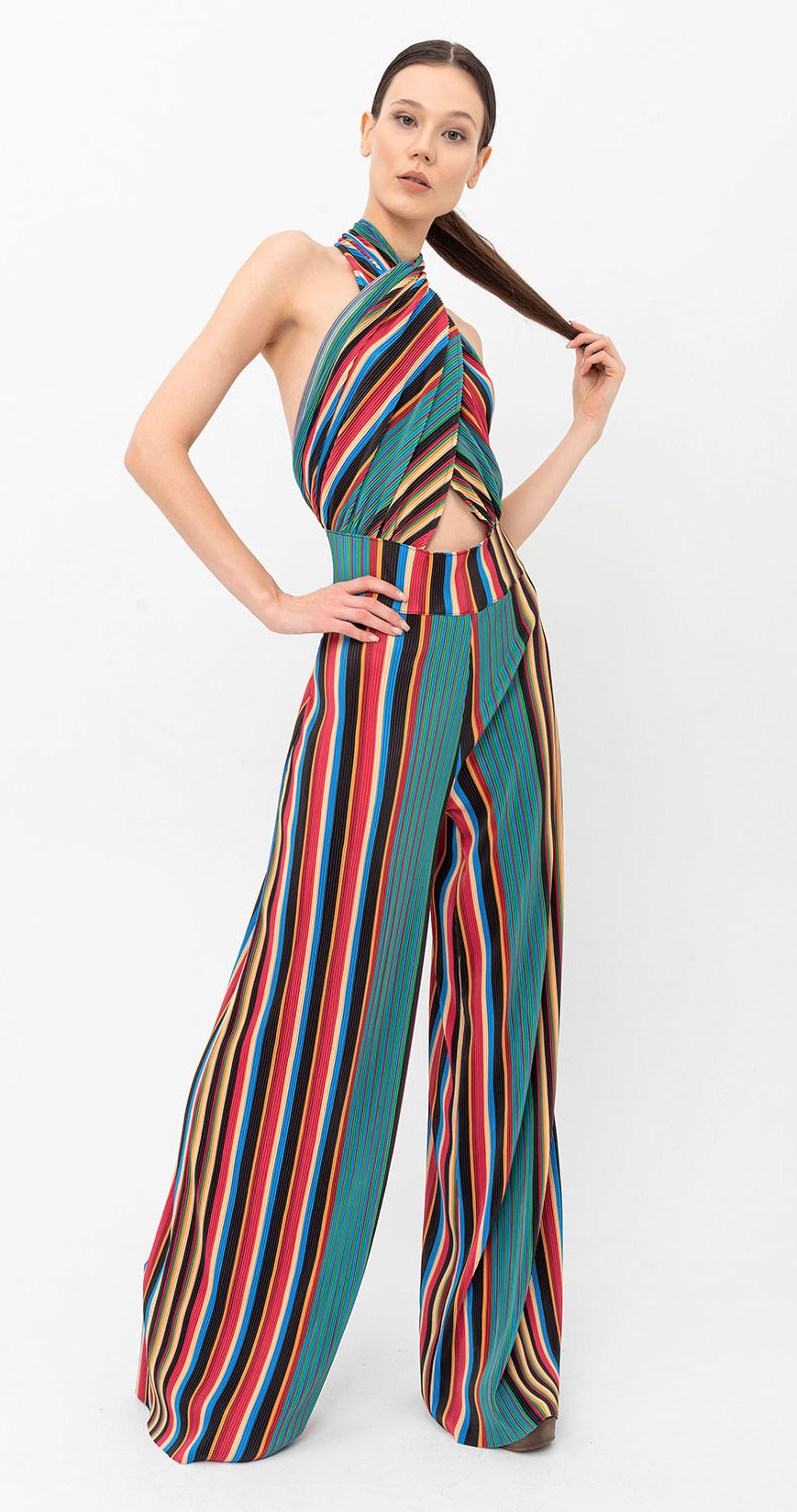 Halter Yaka Retro Çizgili Pileli Tulum