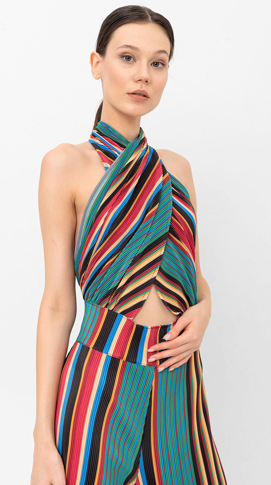 Halter Yaka Retro Çizgili Pileli Tulum