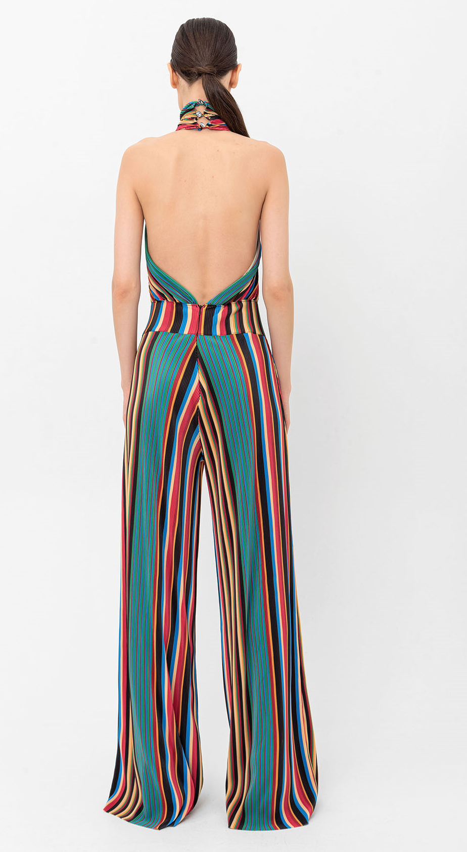 Halter Yaka Retro Çizgili Pileli Tulum