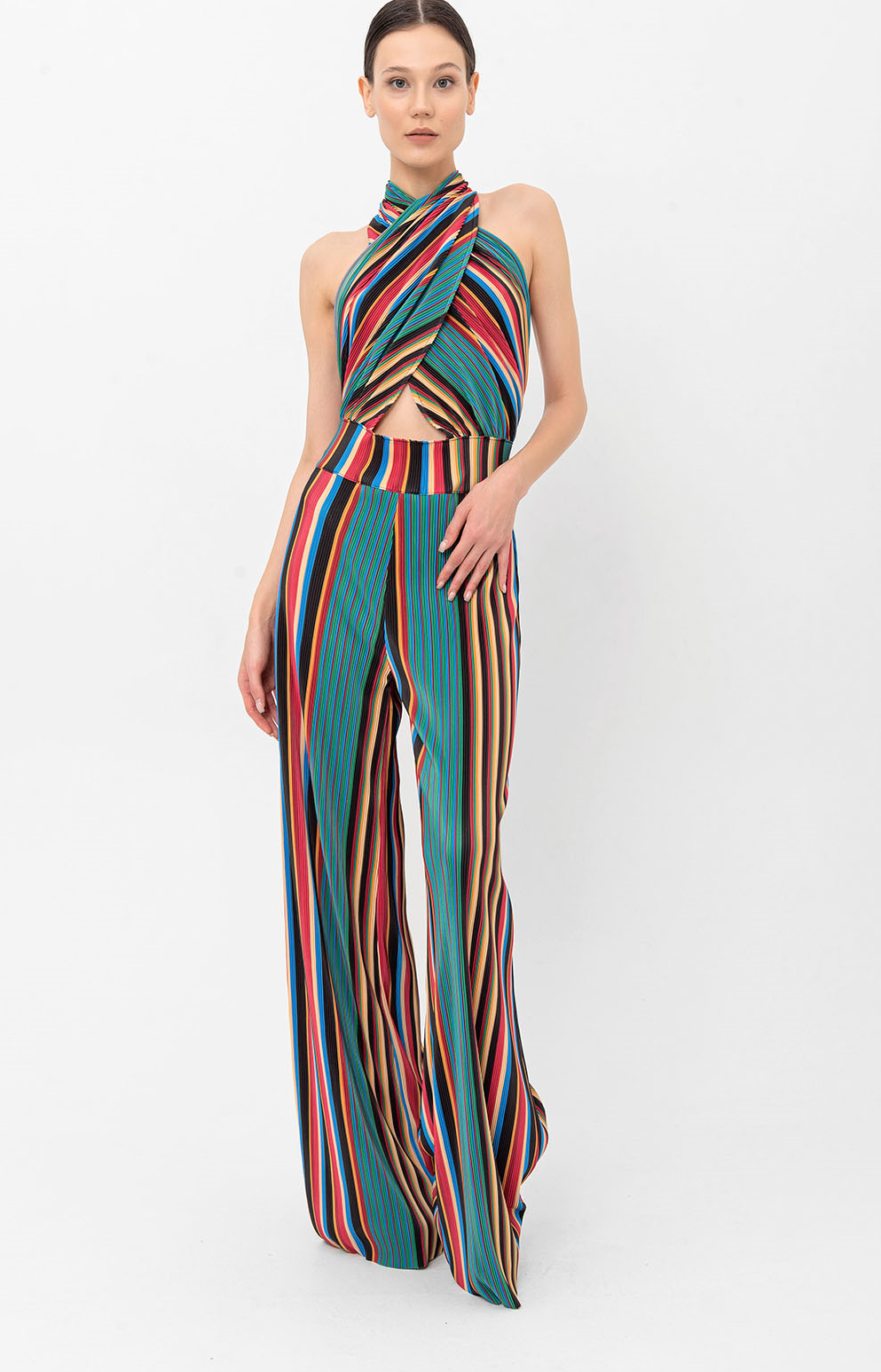 Halter Yaka Retro Çizgili Pileli Tulum