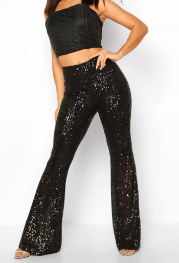 Pul Payetli Siyah İspanyol Paça Pantolon