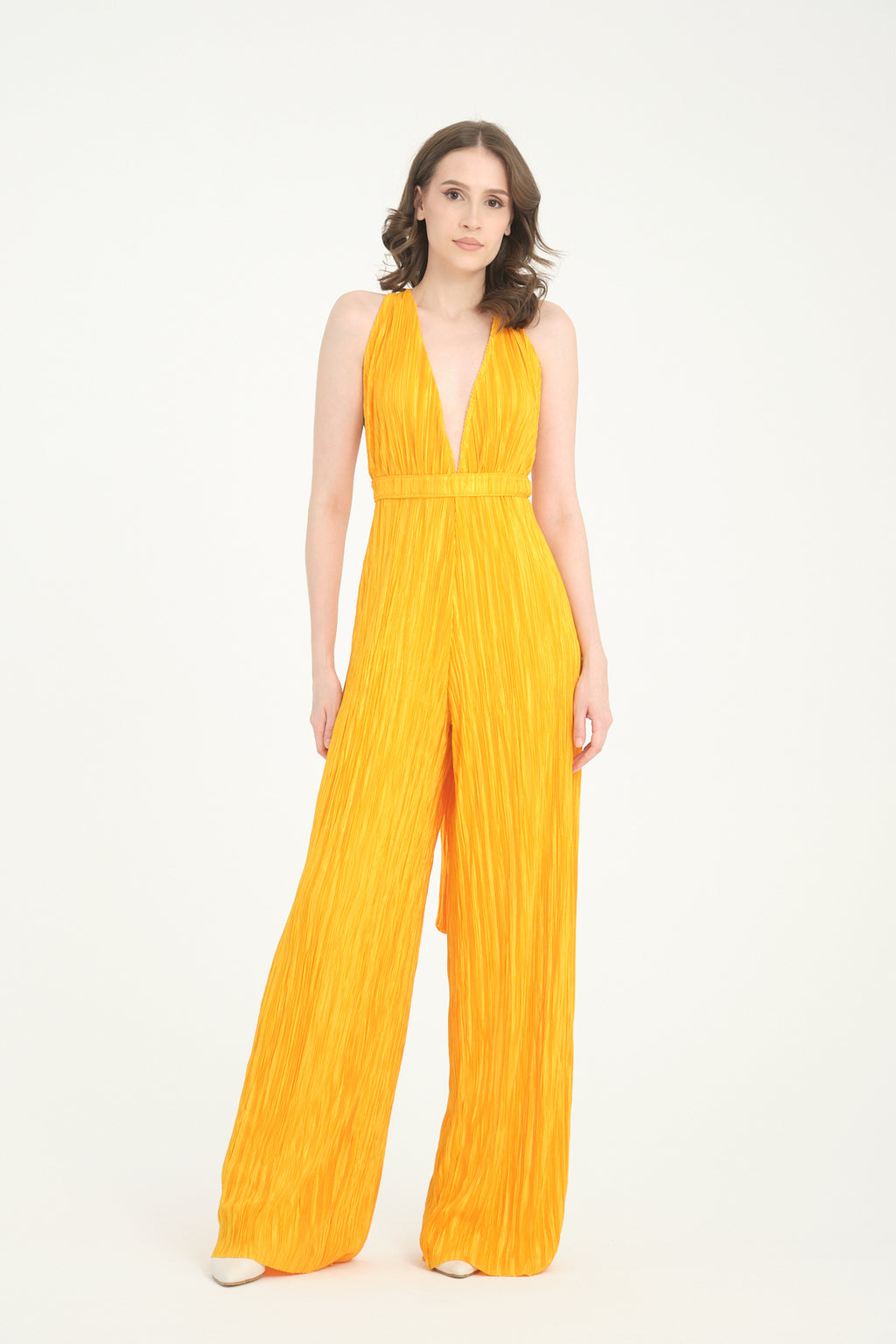 Pileli Wide Leg Açık Sarı Tulum