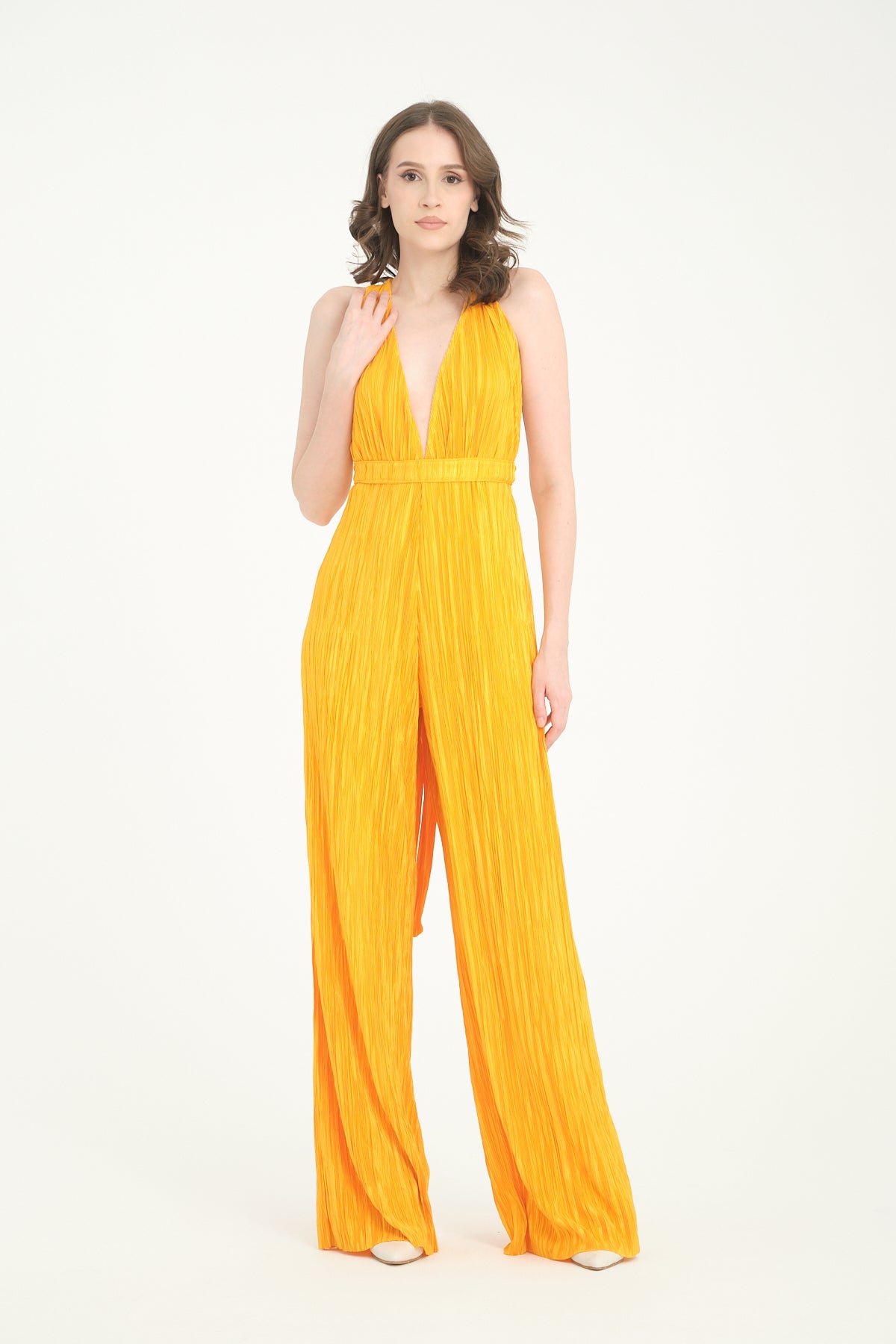 Pileli Wide Leg Açık Sarı Tulum